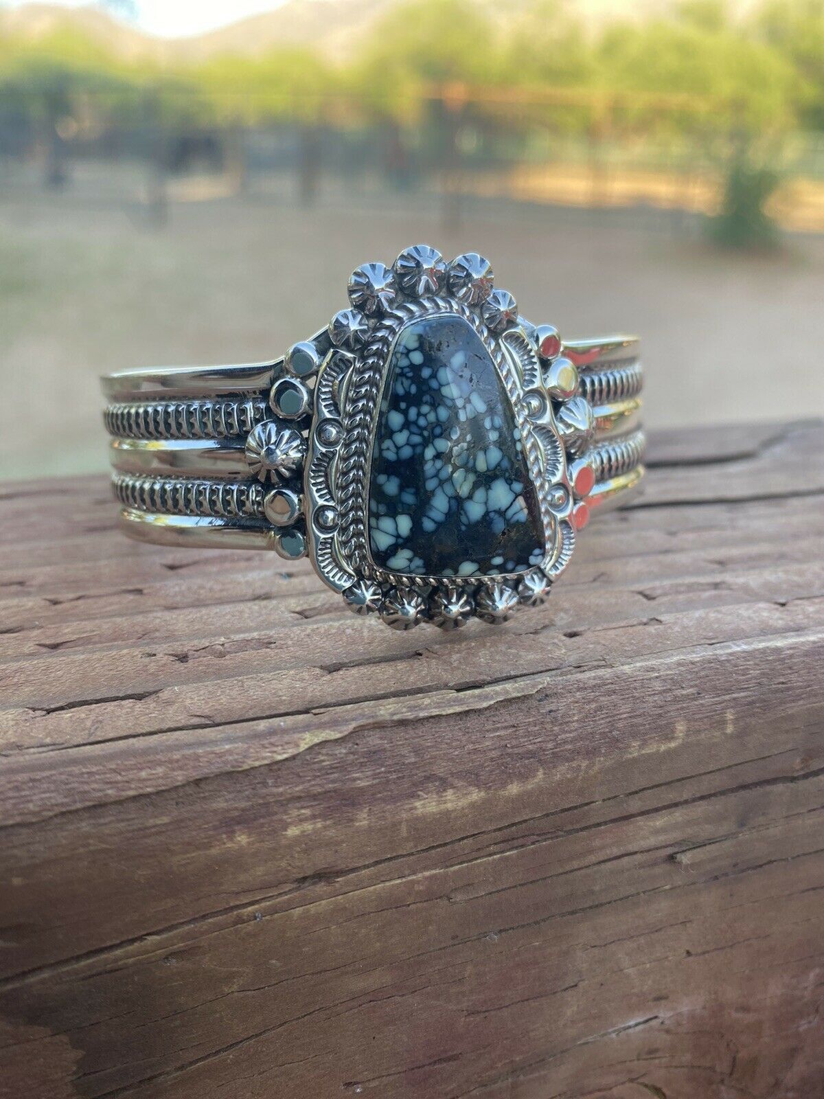 Handcrafted New Lander Turquoise & Sterling Silver Bracelet Cuff Signed