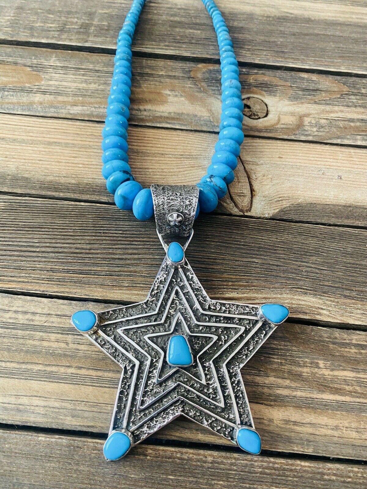 Handcrafted Turquoise & Sterling Silver Tufa Cast Star Beaded Necklace