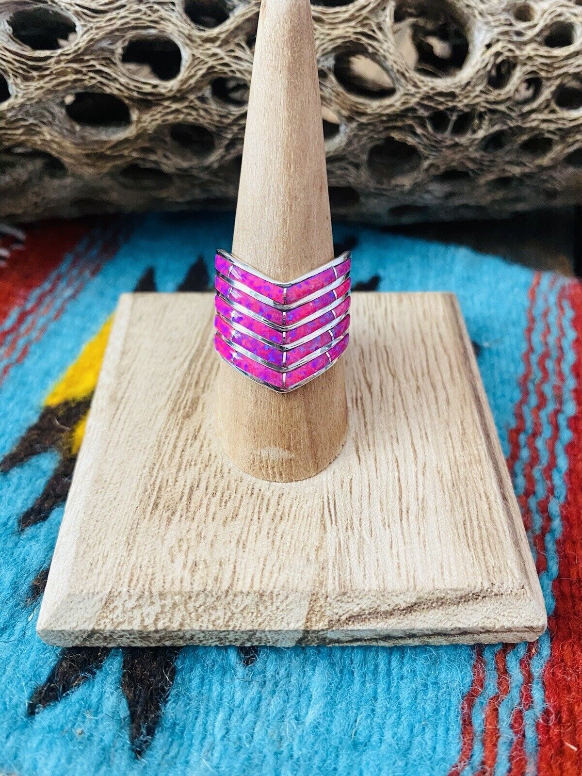 Handcrafted Sterling Silver & Pink Opal Inlay 5 Row Stacker Ring