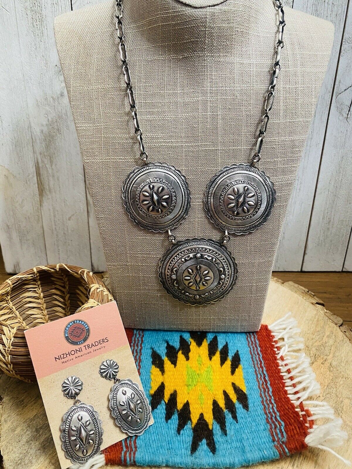 Handcrafted & Hand Stamped Sterling Silver Necklace & Earring Set By Eugene Charley