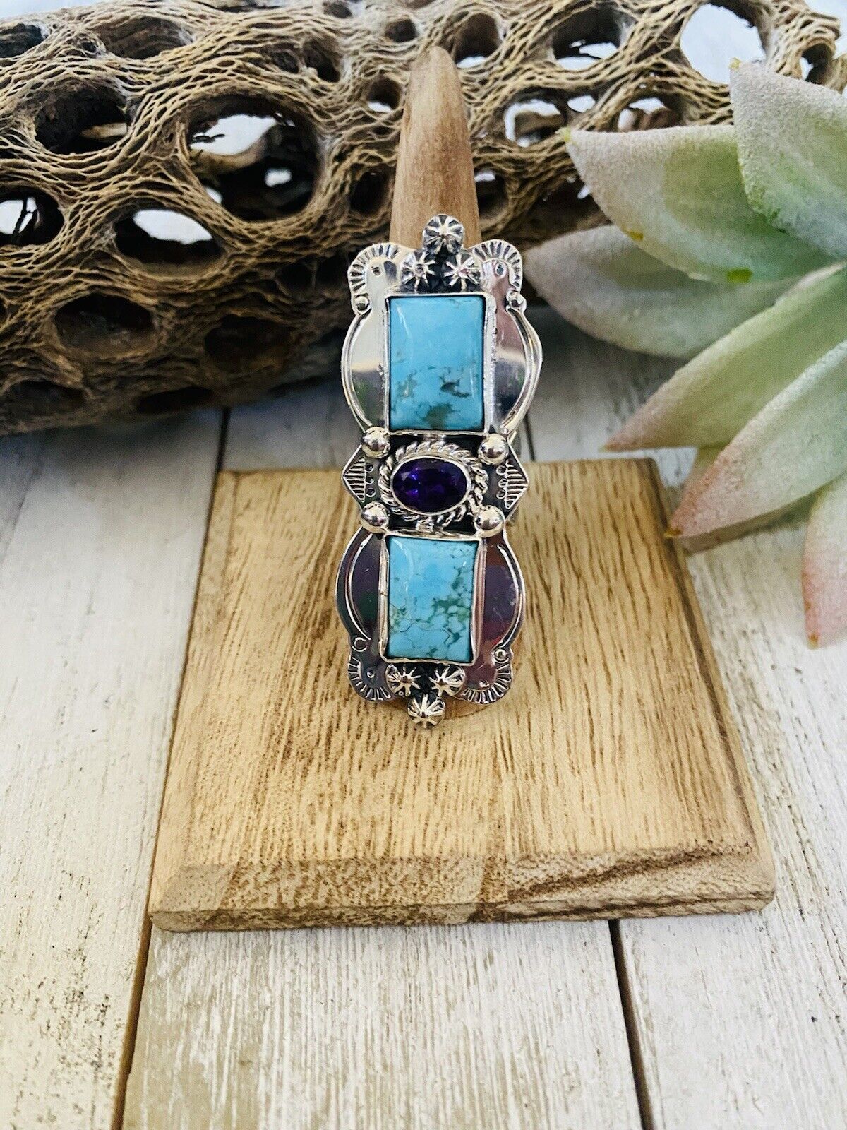 Handcrafted Kingman Turquoise, Amethyst & Sterling Silver Ring