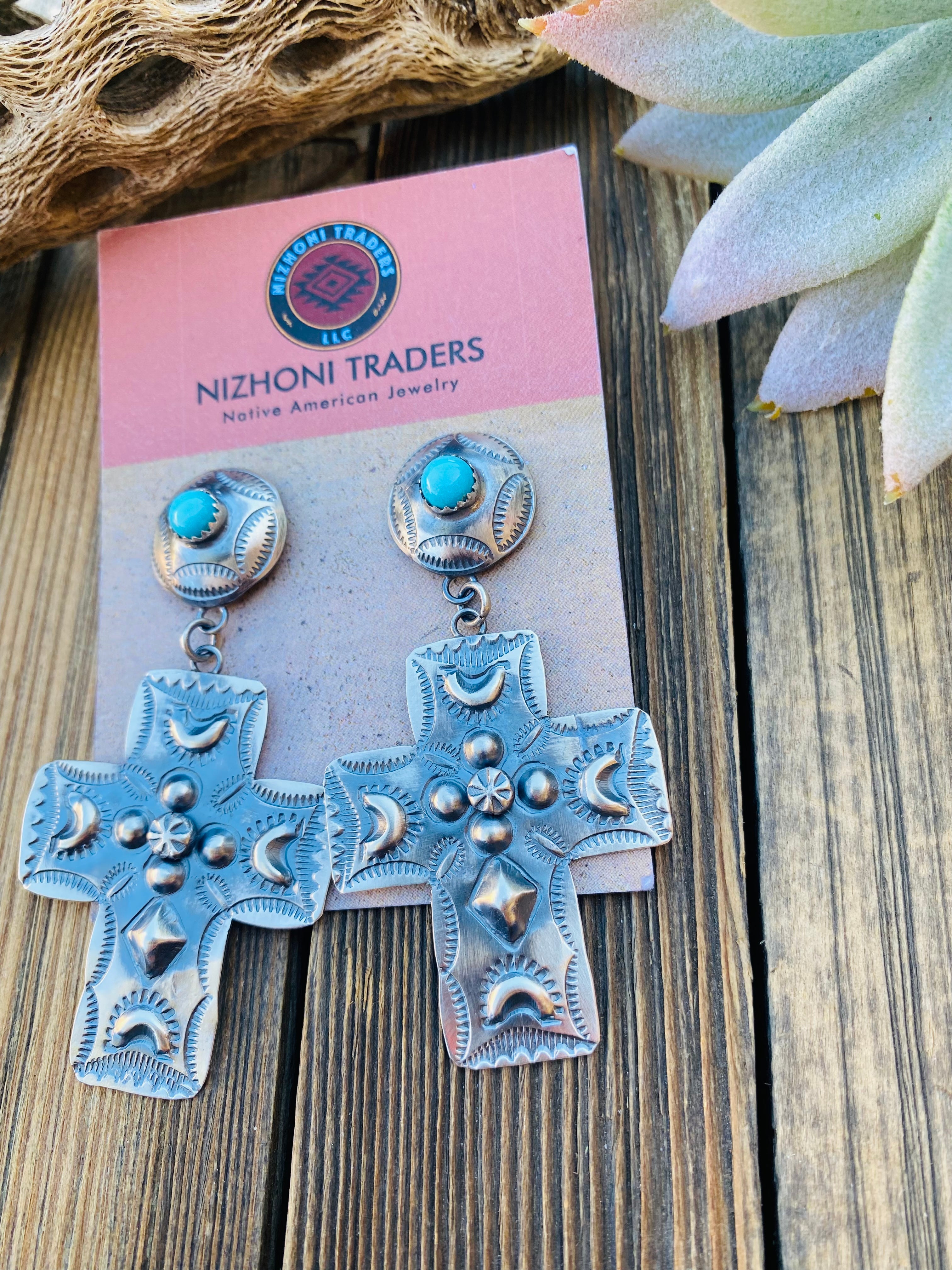 Handcrafted Hand Stamped Sterling Silver Cross Dangle Earrings By Tim Yazzie