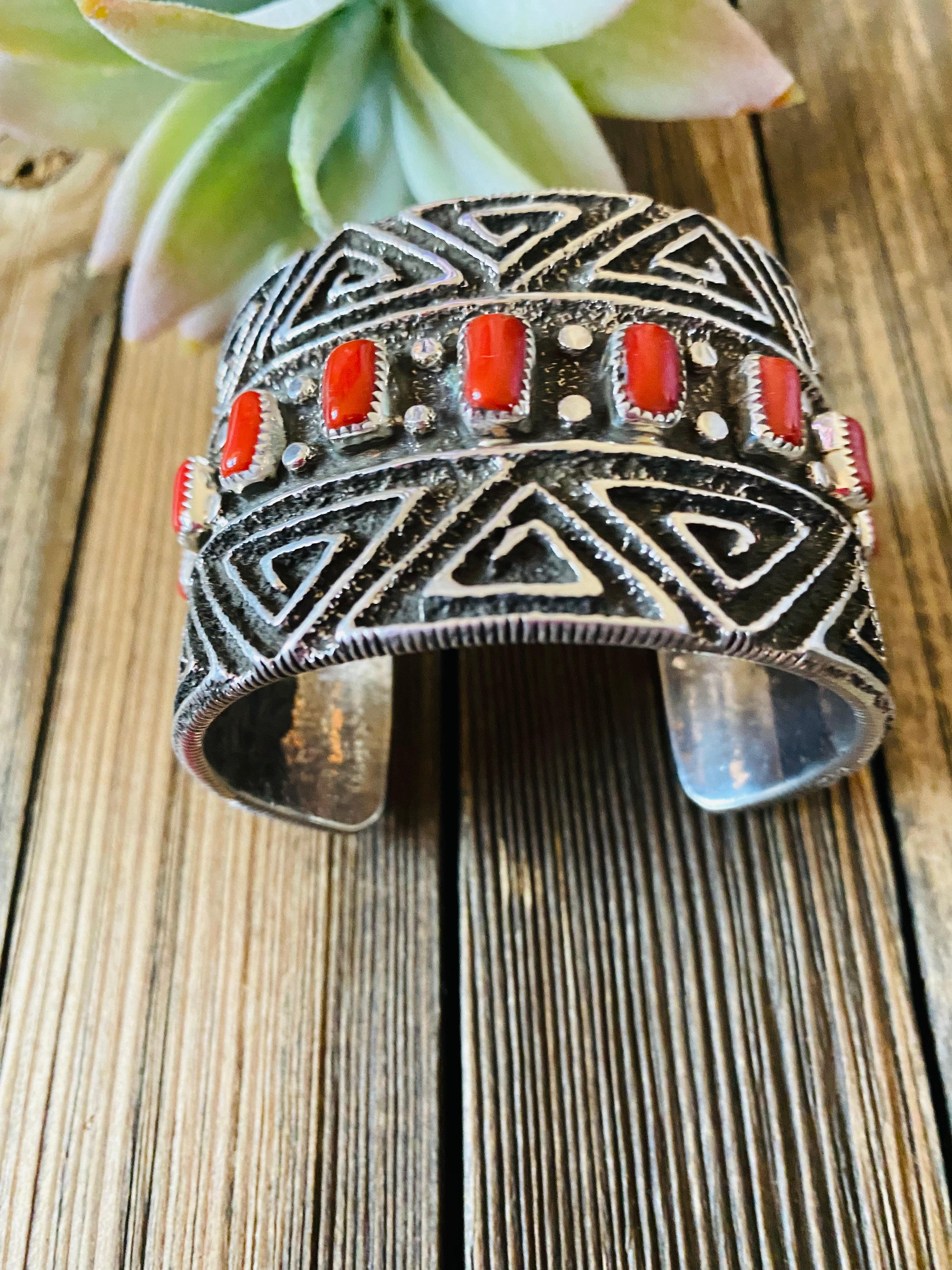 Navajo Coral & Sterling Silver Cuff Bracelet By Steve Arviso /