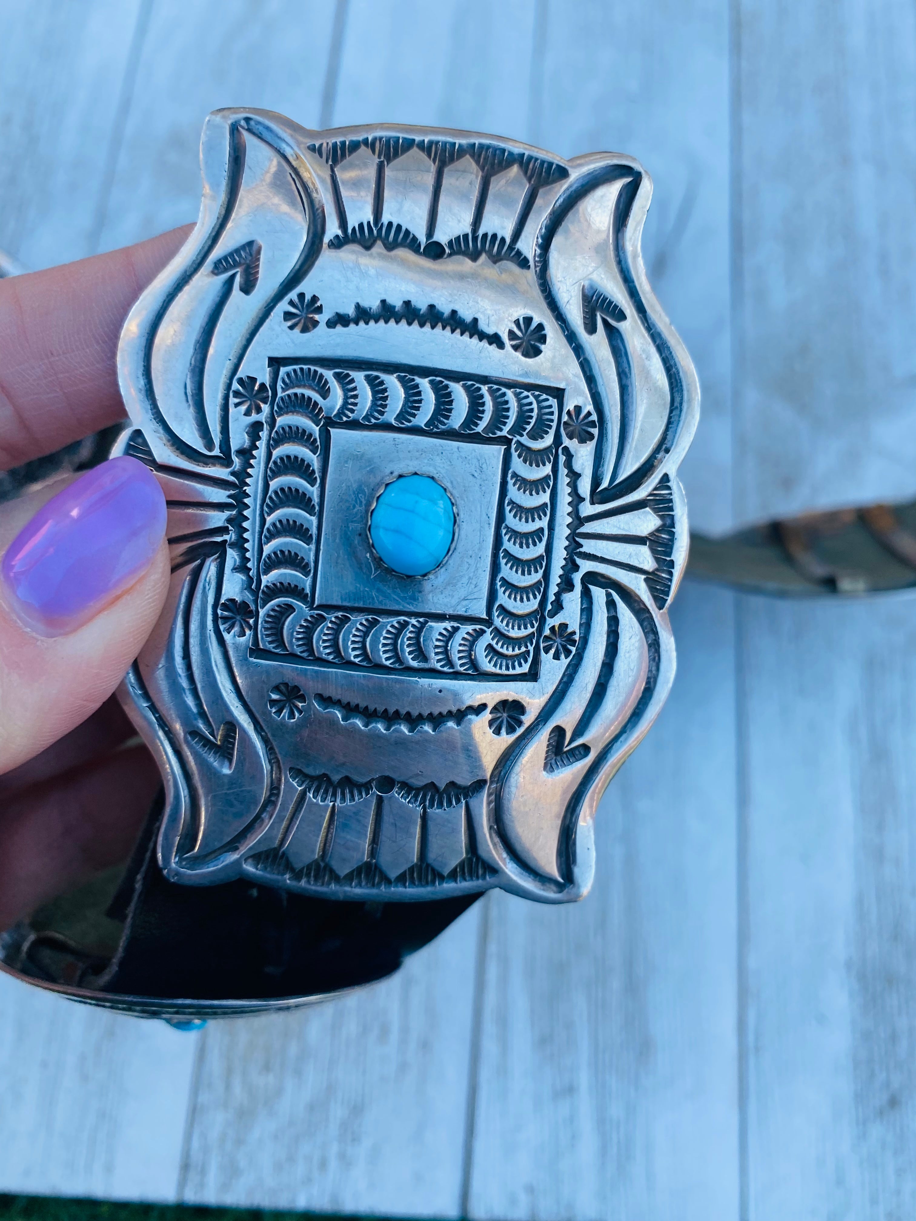 Handcrafted Vintage Black Leather And Sterling Silver Turquoise Concho Belt