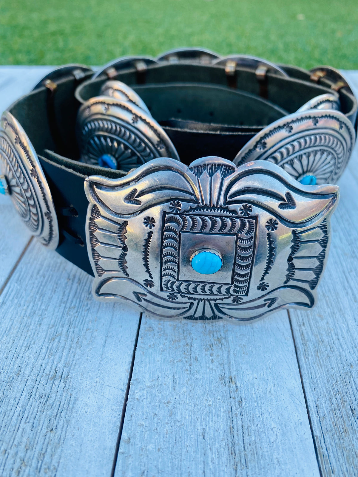 Retro Vintage Nickel Silver Turquoise Concho Leather Belt Stamped BC Belt, A Vintage, Buckle, Concho, Turquoise, Hallmark  main image 4