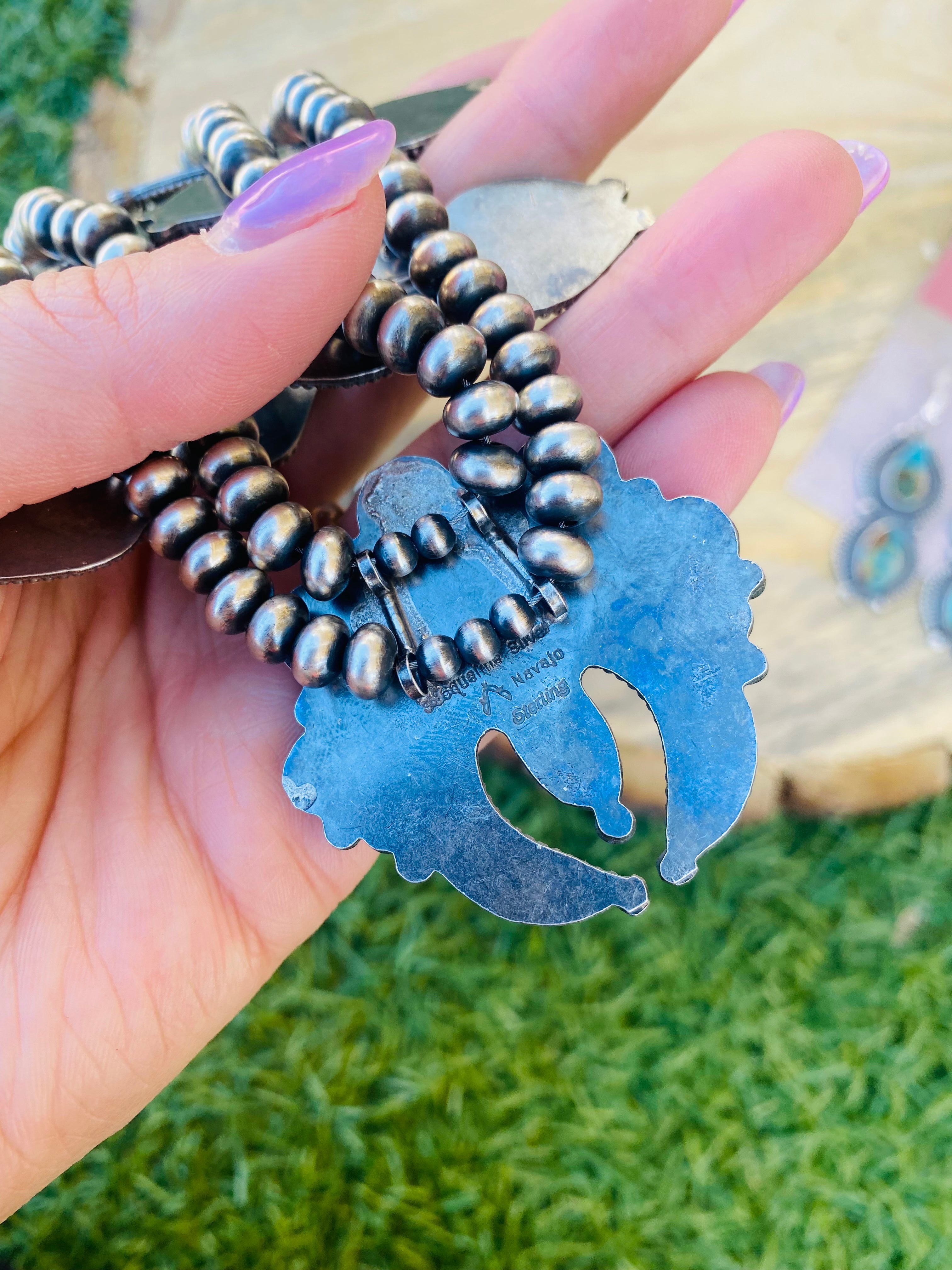 Handcrafted Sterling Silver & Royston Turquoise Squash Necklace Set Signed