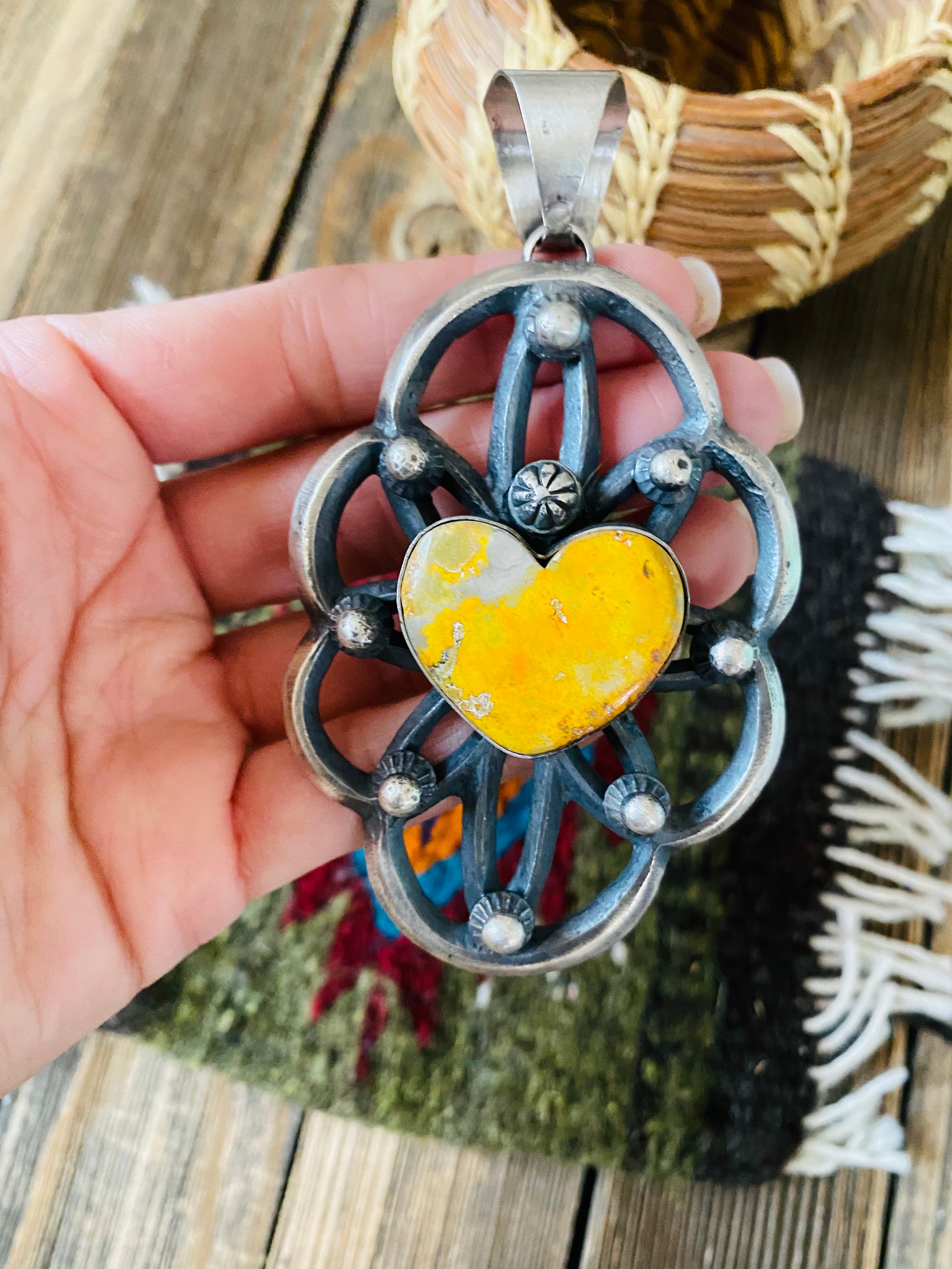 Navajo Sterling Silver & Bumblebee Heart Pendant By Chimney Butte