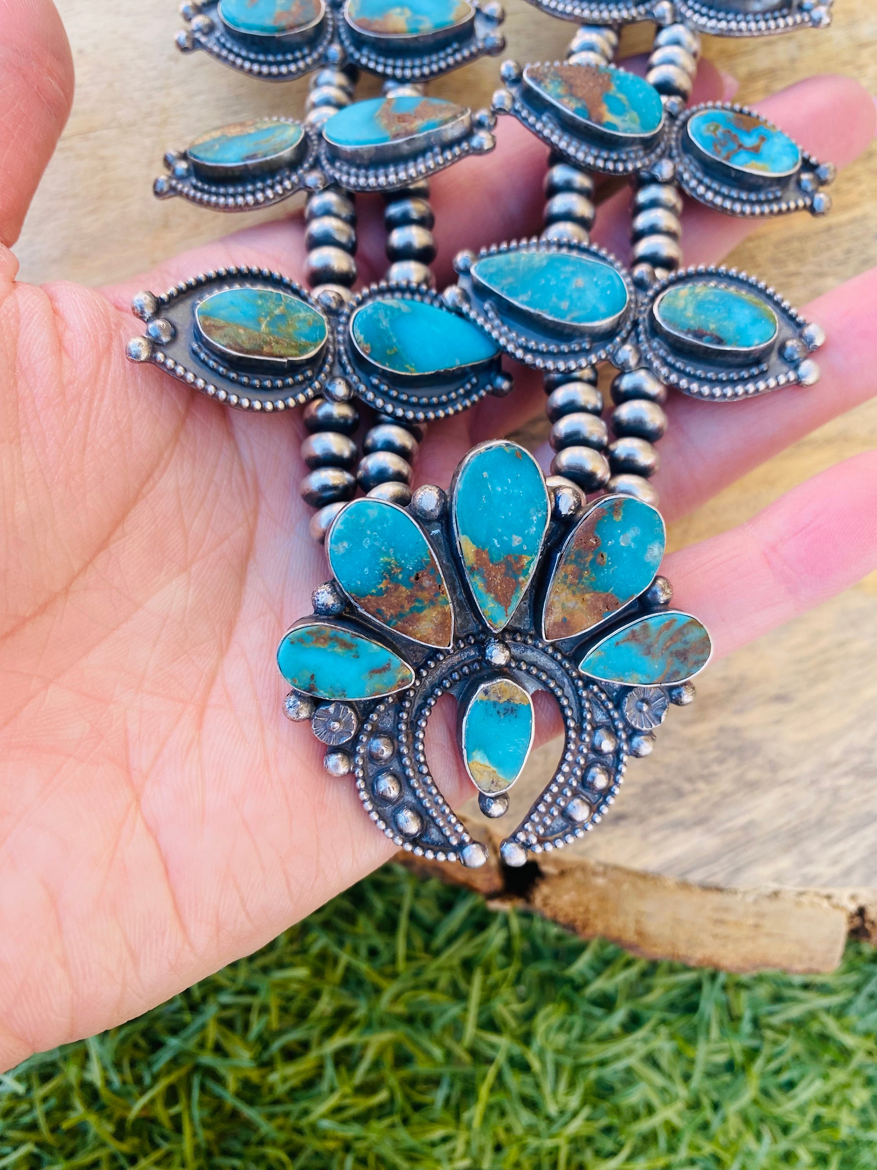 Handcrafted Sterling Silver & Royston Turquoise Squash Necklace Set Signed