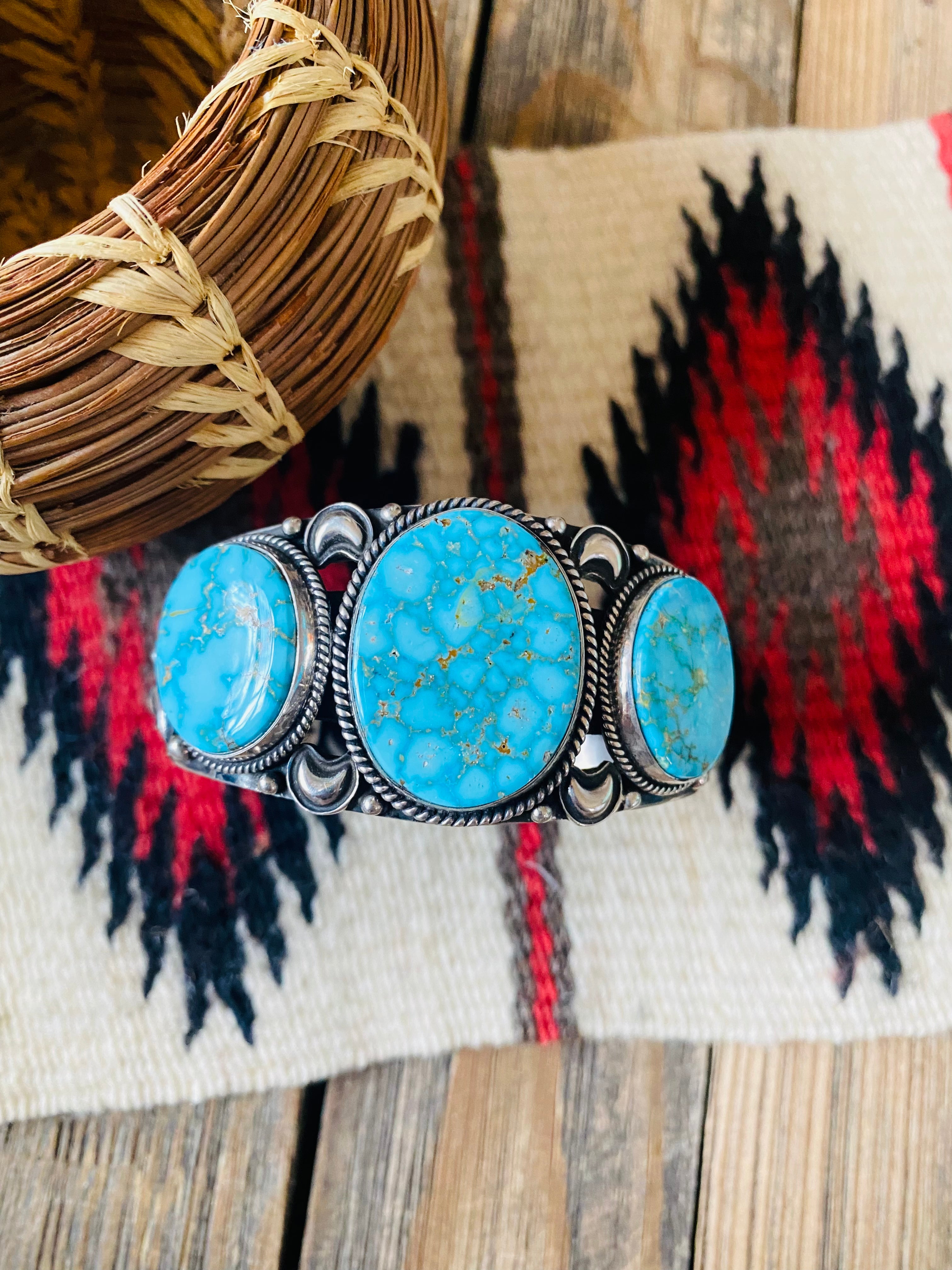 Navajo Kingman Web Turquoise & Sterling Silver Cuff Bracelet By Derrick Gordon /