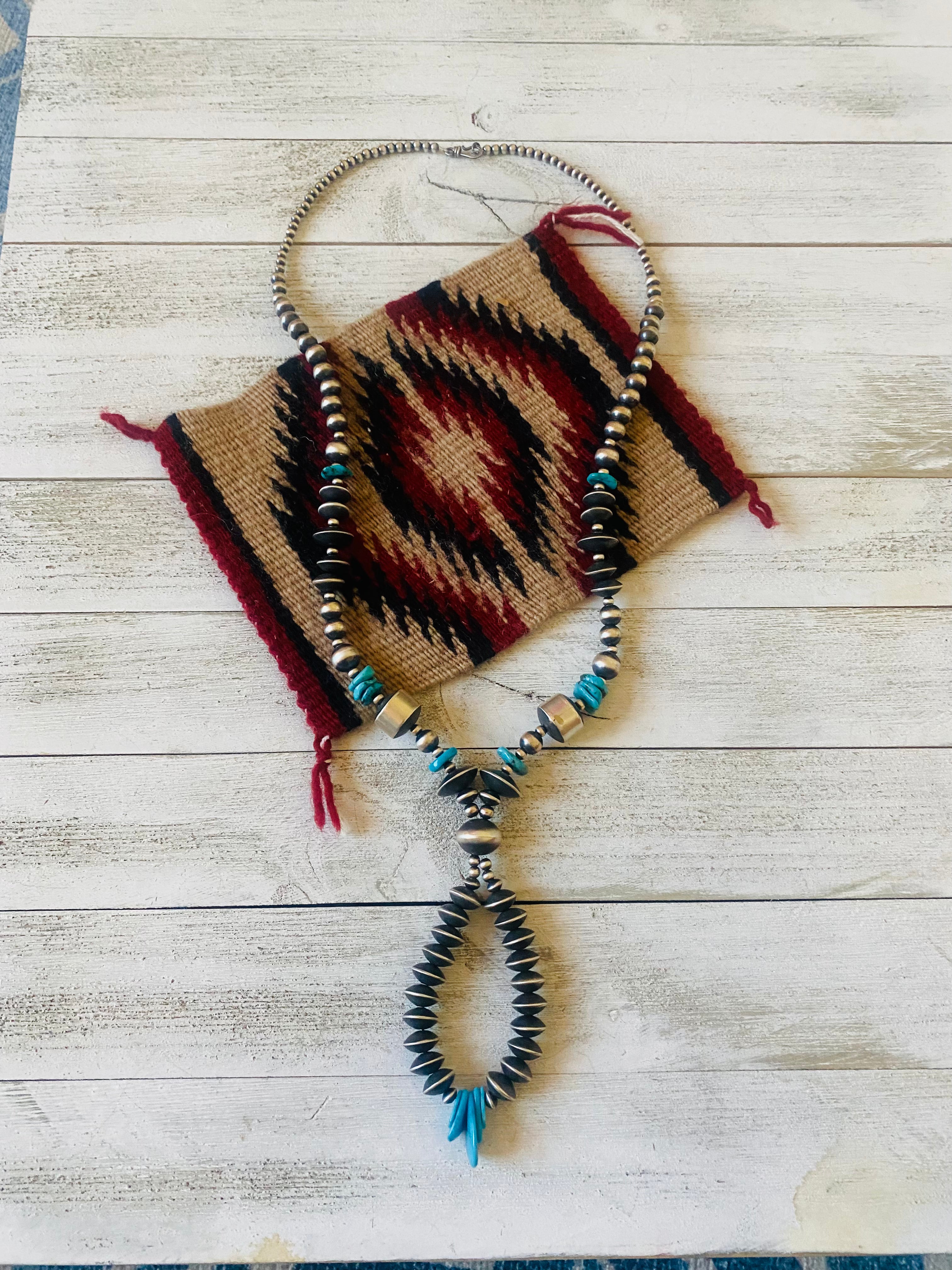 Handcrafted Turquoise & Sterling Silver Pearl Beaded Jacla Necklace