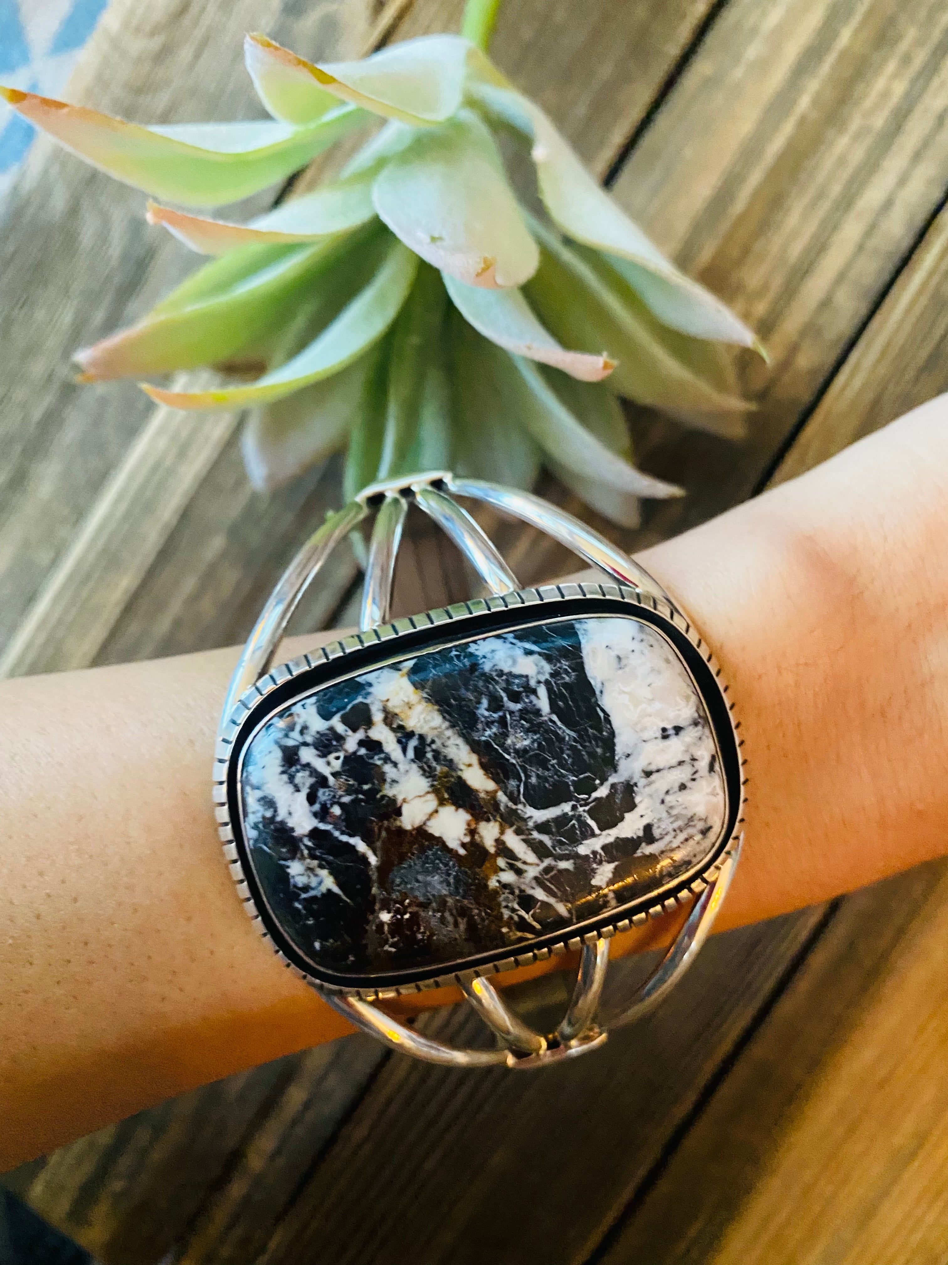 Beautiful White Buffalo & Sterling Silver Cuff Bracelet Signed /