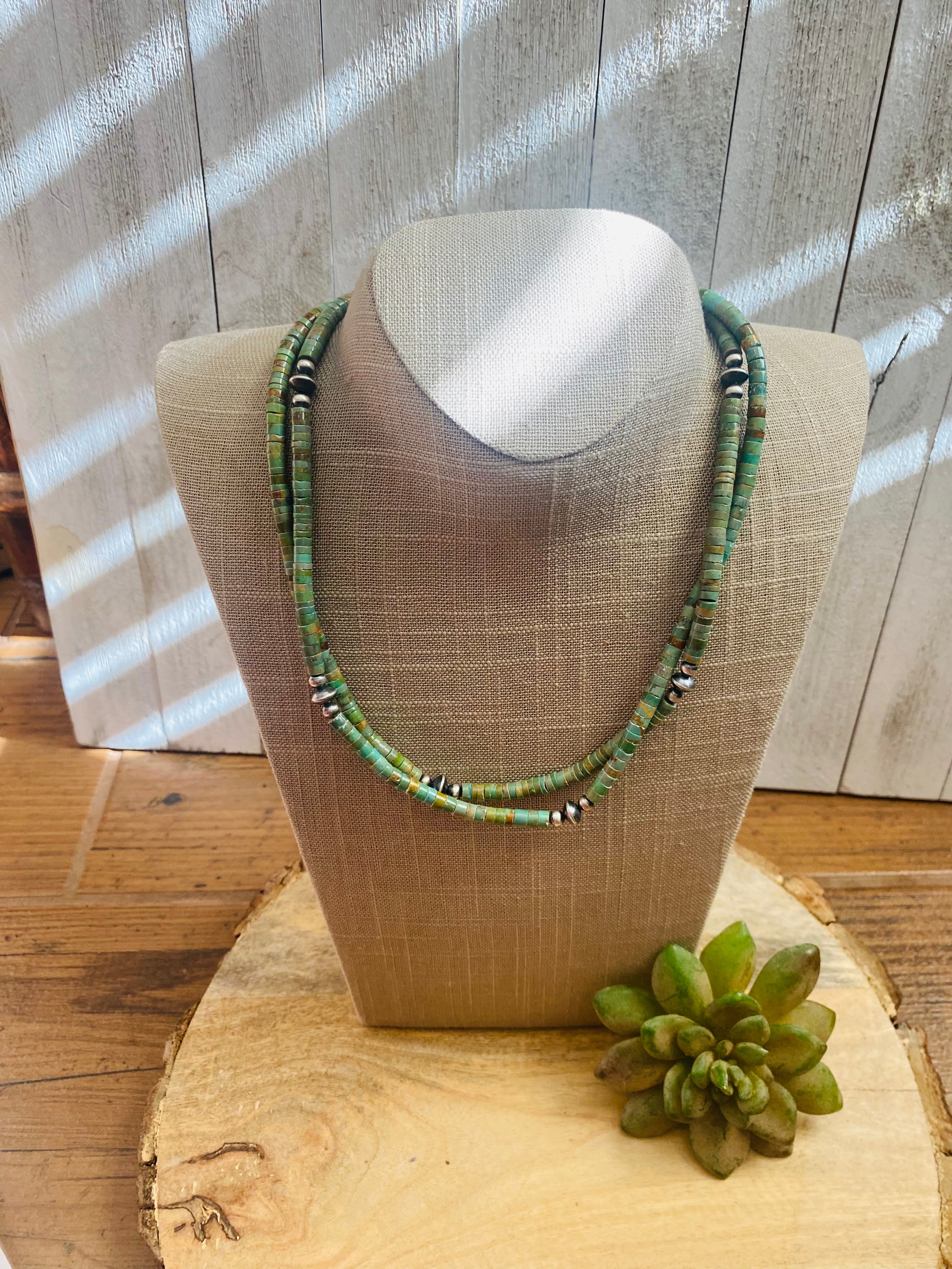 Handcrafted Turquoise & Sterling Silver Pearl Beaded Necklace 40 inch