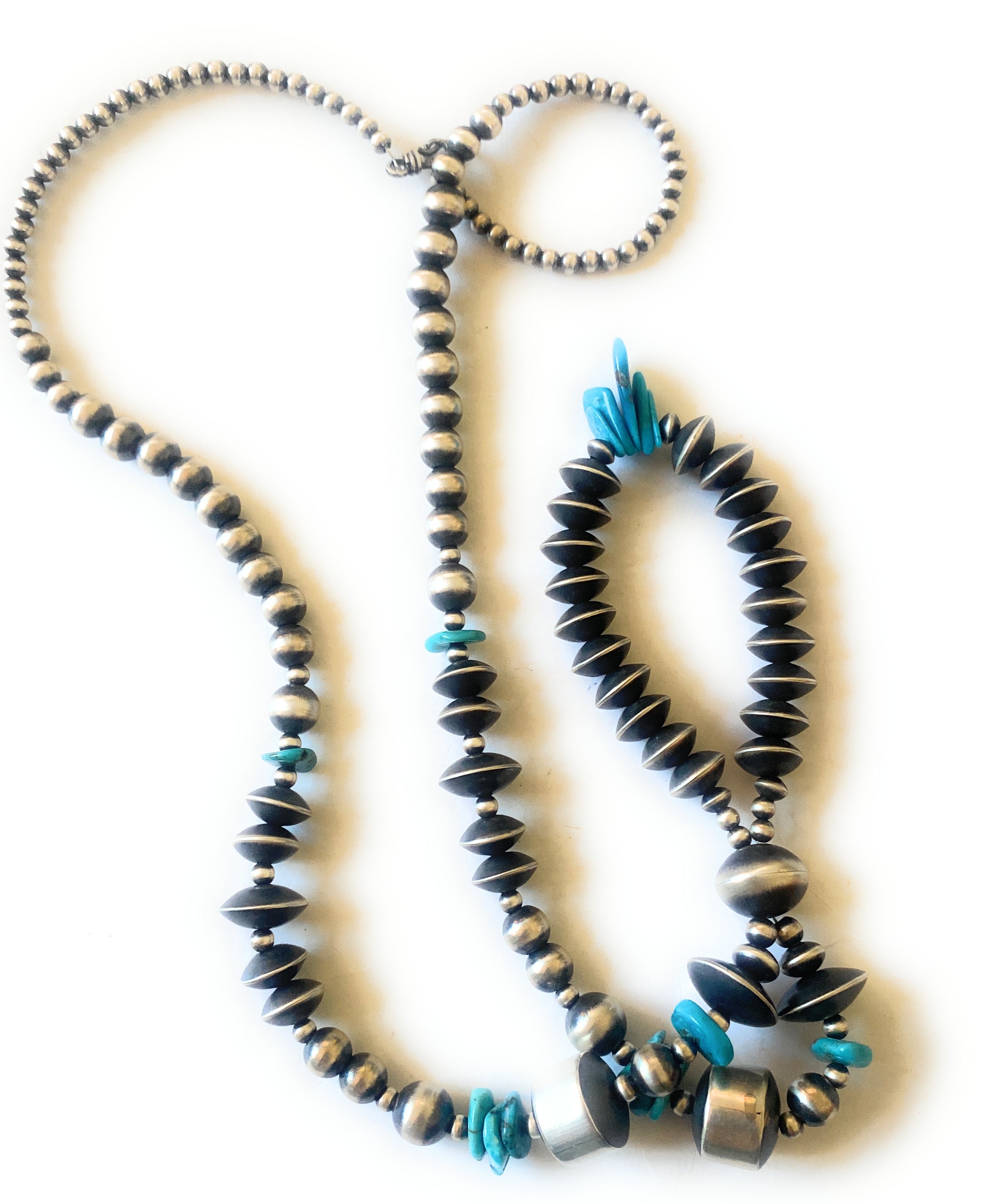 Handcrafted Turquoise & Sterling Silver Pearl Beaded Jacla Necklace