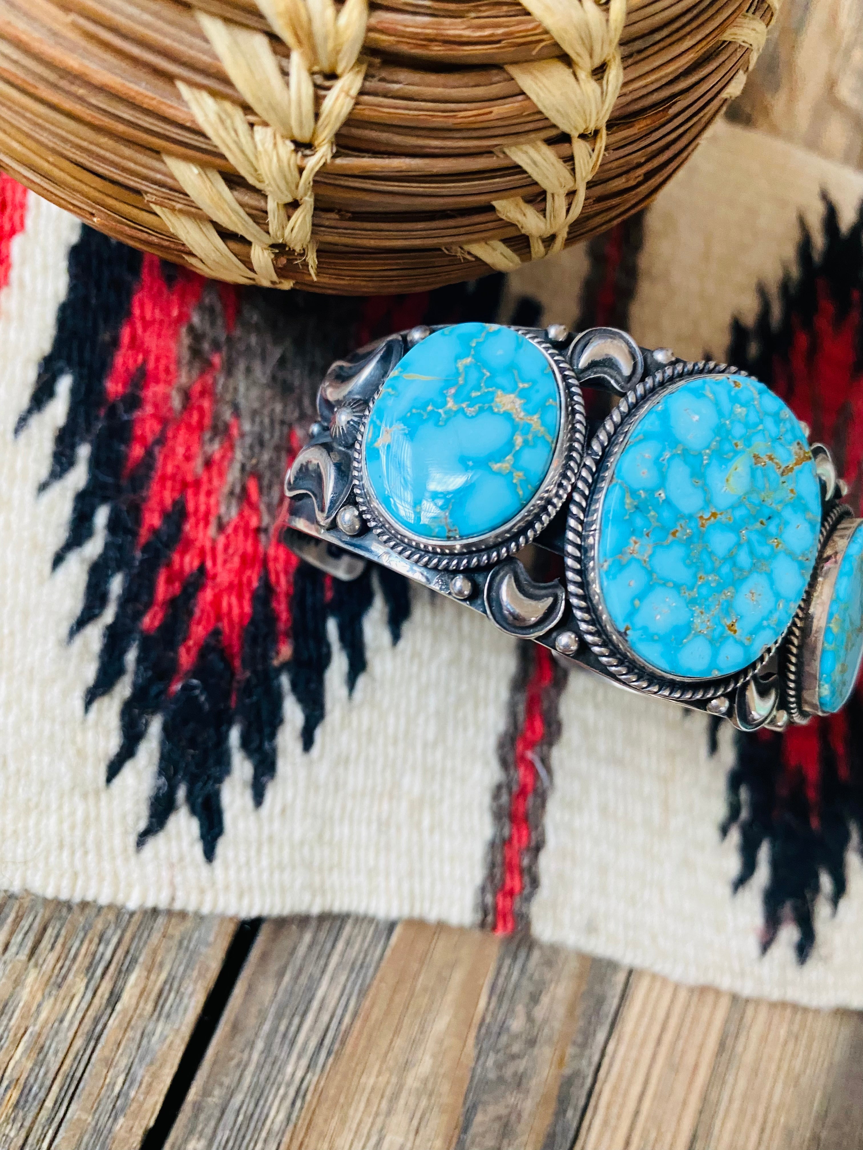 Navajo Kingman Web Turquoise & Sterling Silver Cuff Bracelet By Derrick Gordon /