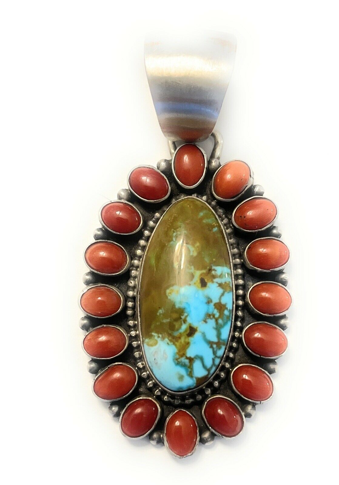 Handcrafted Sterling Silver Kingman Web Turquoise & Red Coral Taos Cluster Pendant