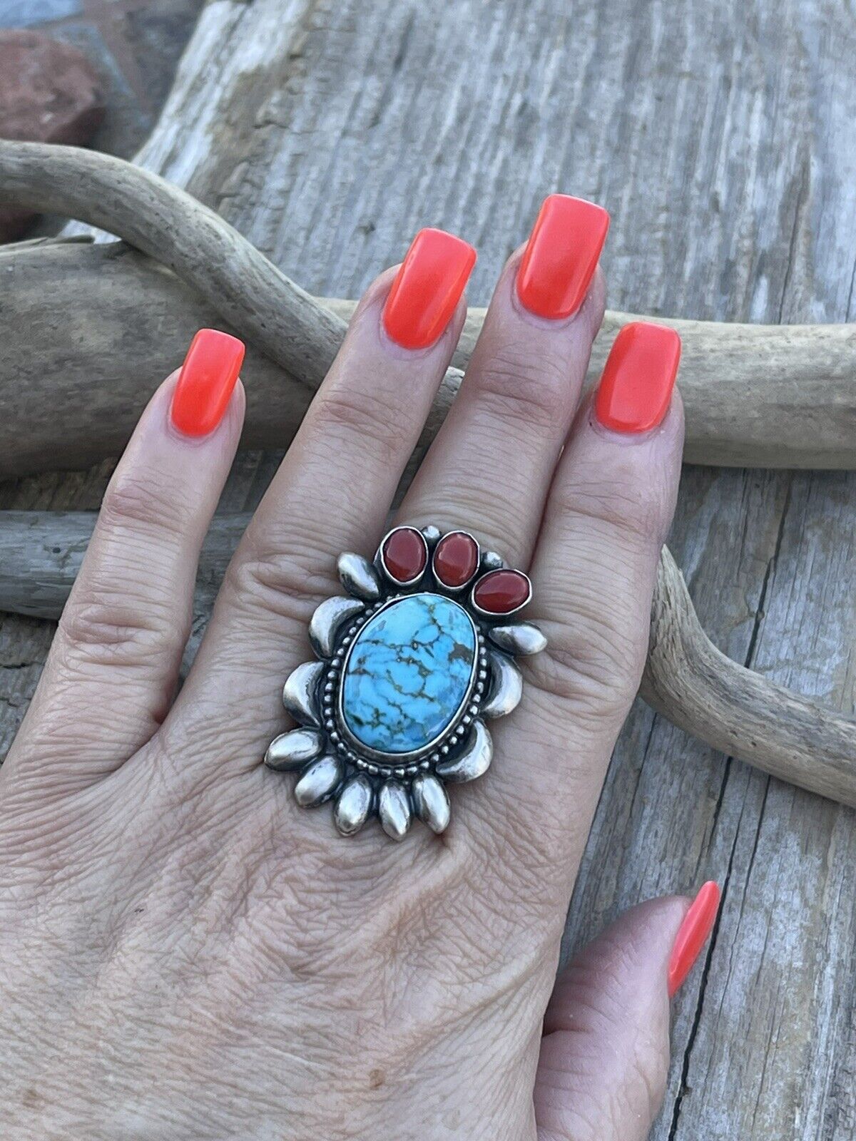 Navajo Sterling Kingman Web Turquoise & Red Coral Taos Collection Ring by Danny Clark, Sz 6.5
