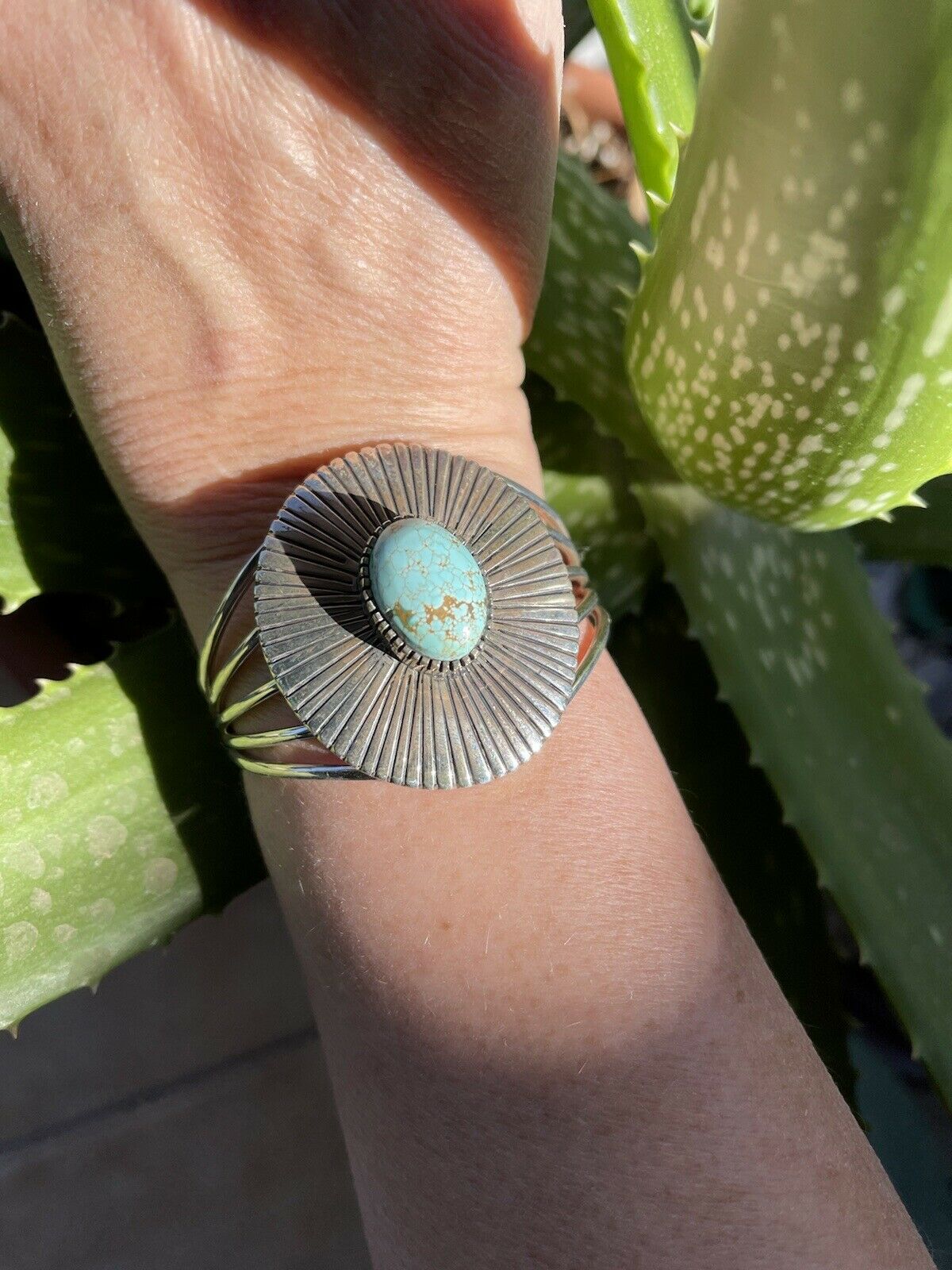 Handcrafted Sterling Silver & Number 8 Turquoise Signed Lined Cuff Signed