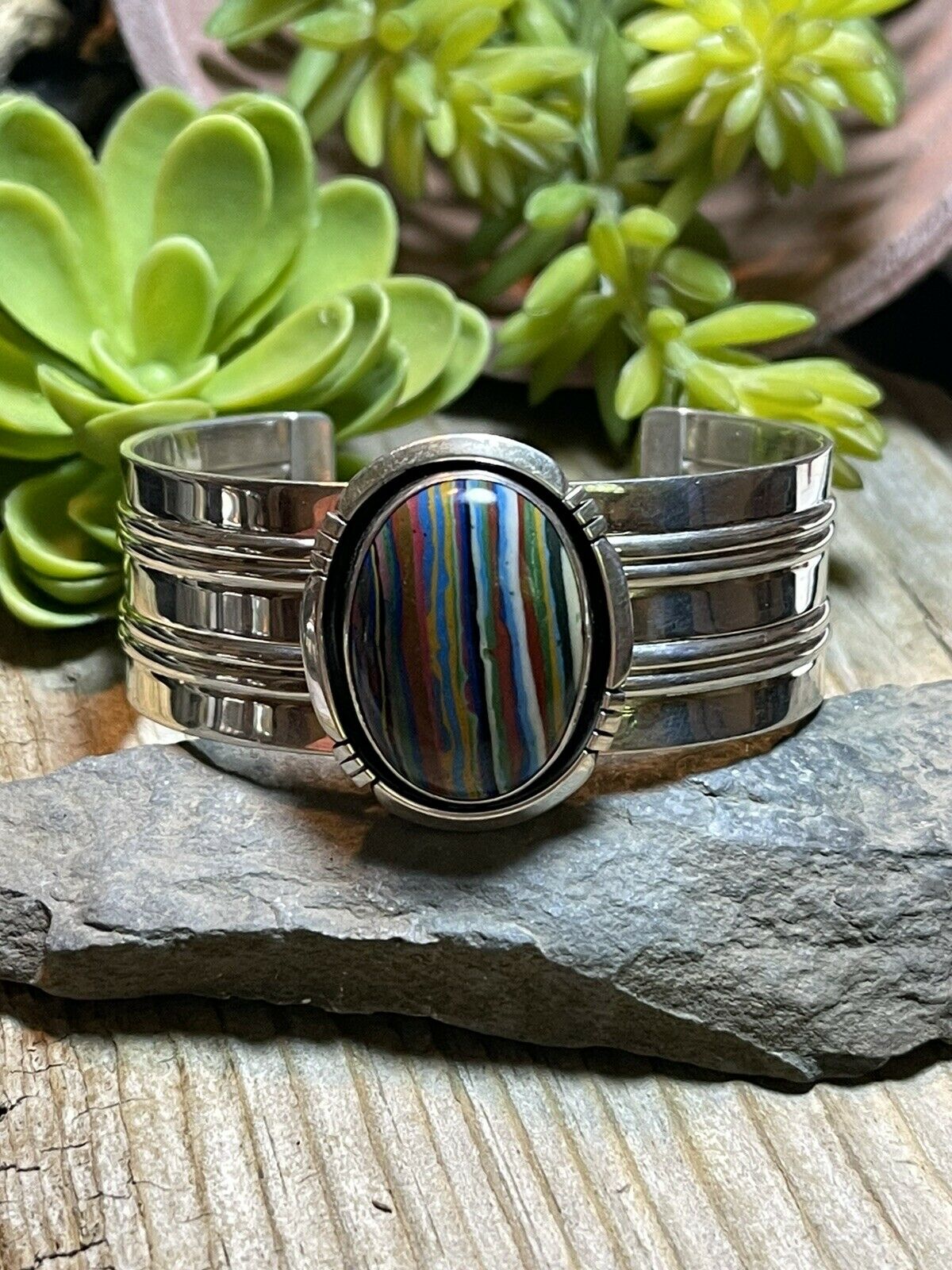 Handcrafted Sterling Silver & Rainbow Stone Signed Cuff Bracelet