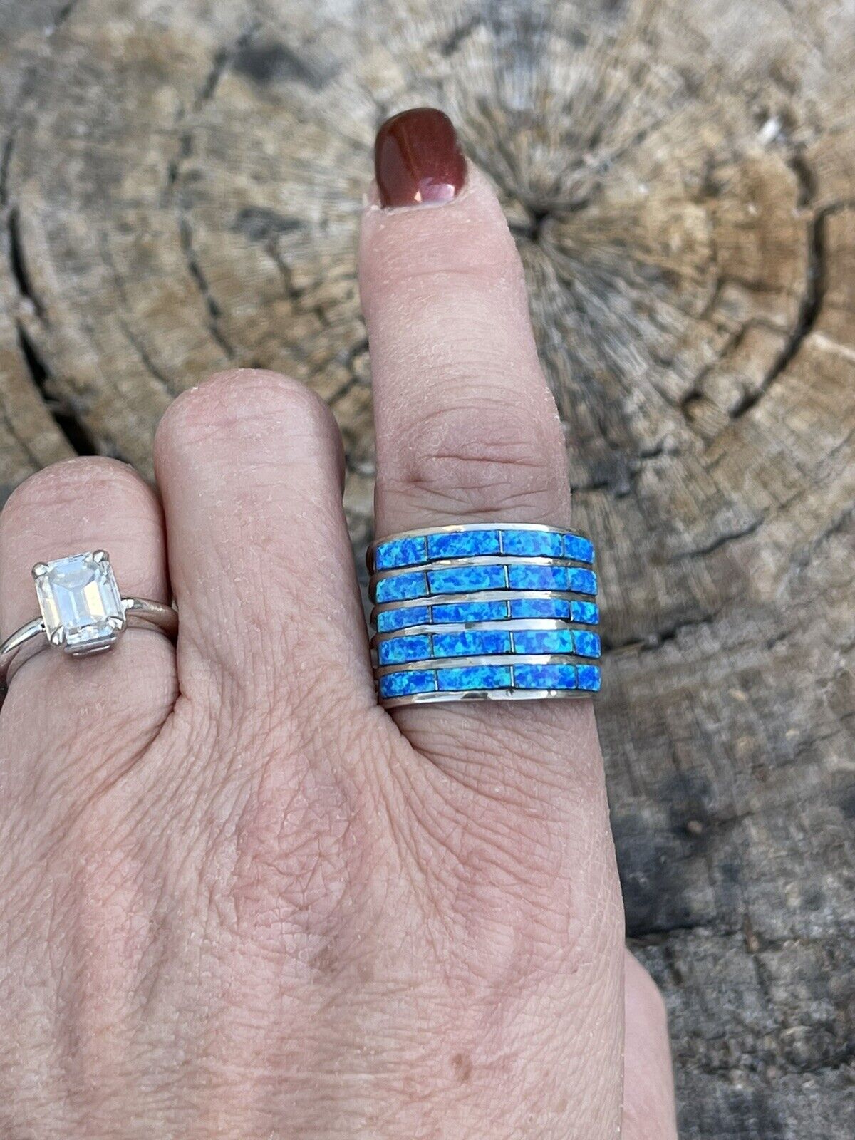 Handcrafted Sterling Silver Blue Opal 5 Row Inlay Ring