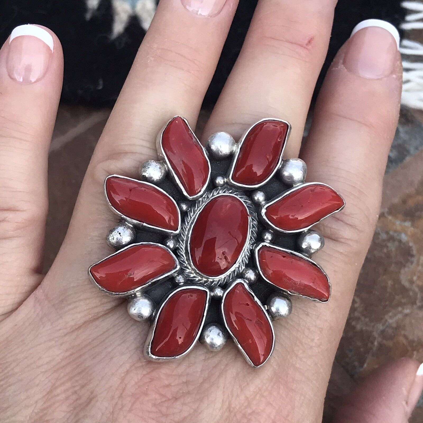 Handcrafted Sterling Silver Natural Red Coral Cluster Ring Lorenzo James