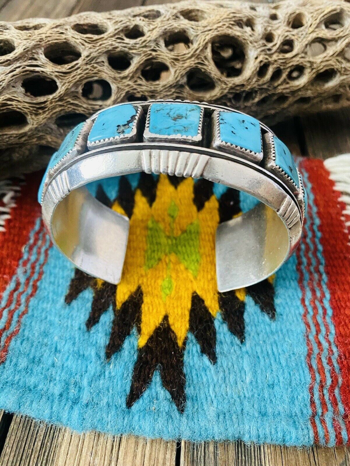 Handcrafted Kingman Turquoise, Coral & Sterling Silver Cuff Bracelet Signed /