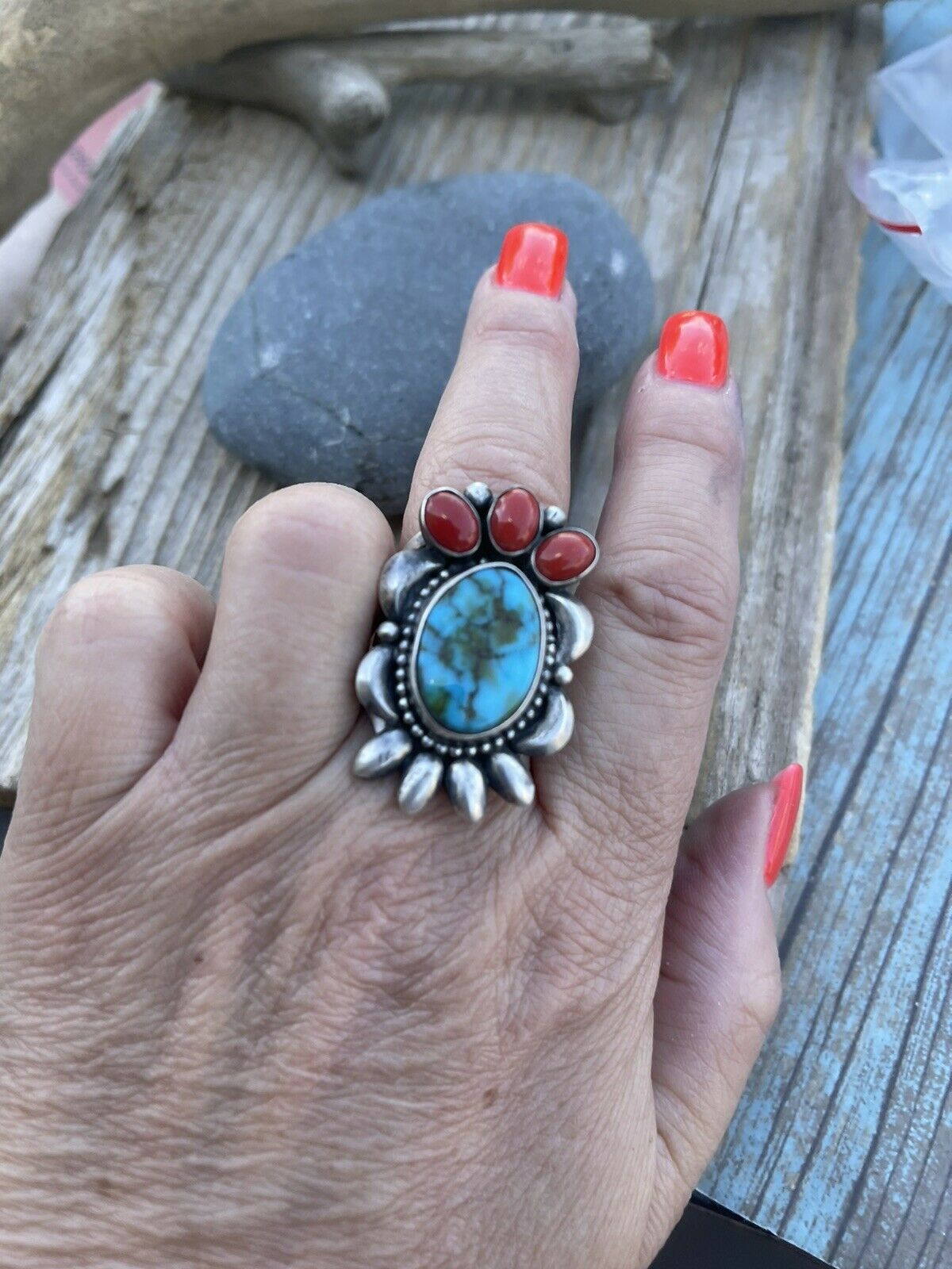 Handcrafted Sterling Silver Kingman Web Turquoise & Red Coral Taos Collection Ring Sz 6