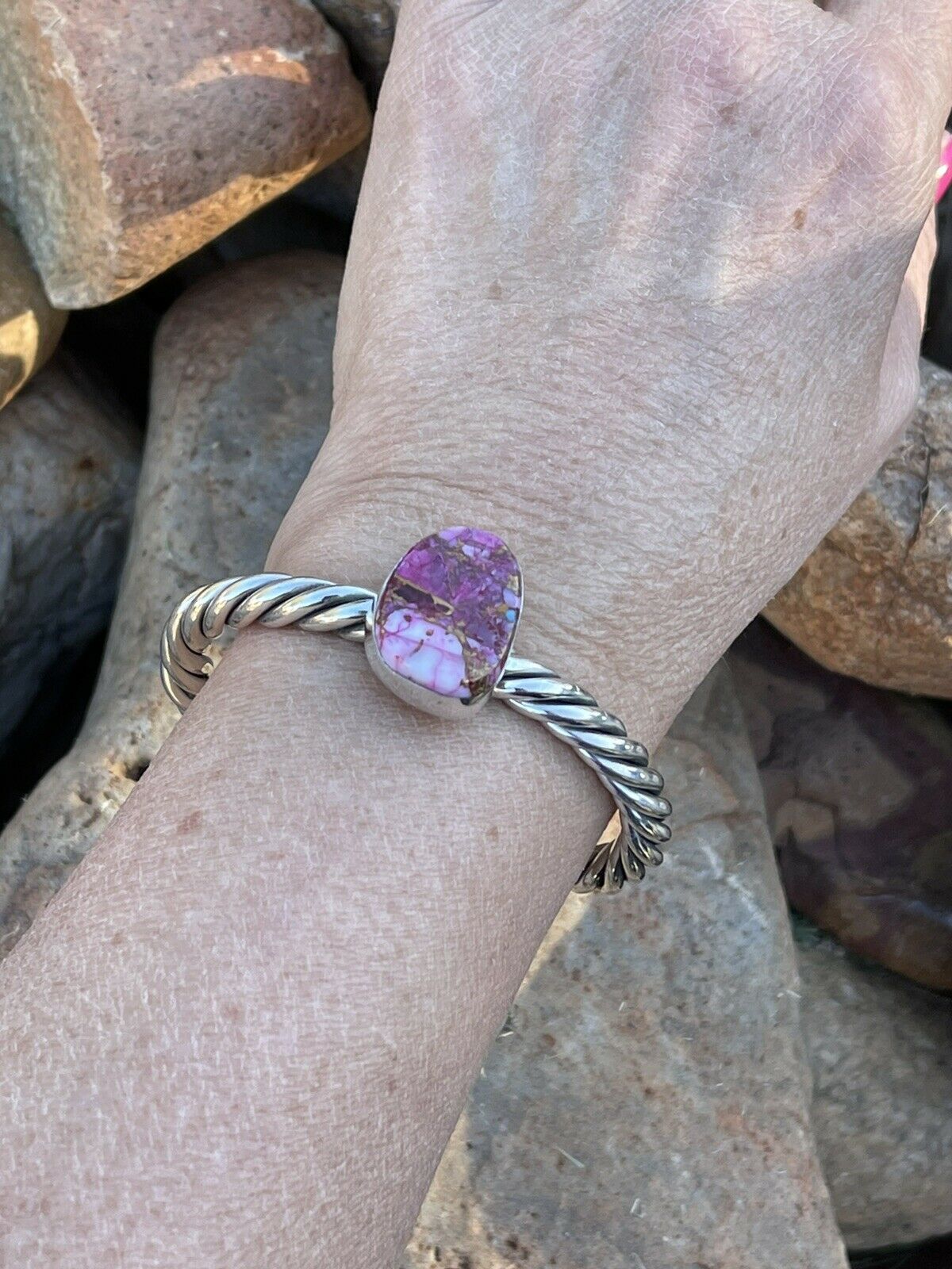 Handcrafted Pink Dream Mojave Sterling Silver Solid Twist Cuff