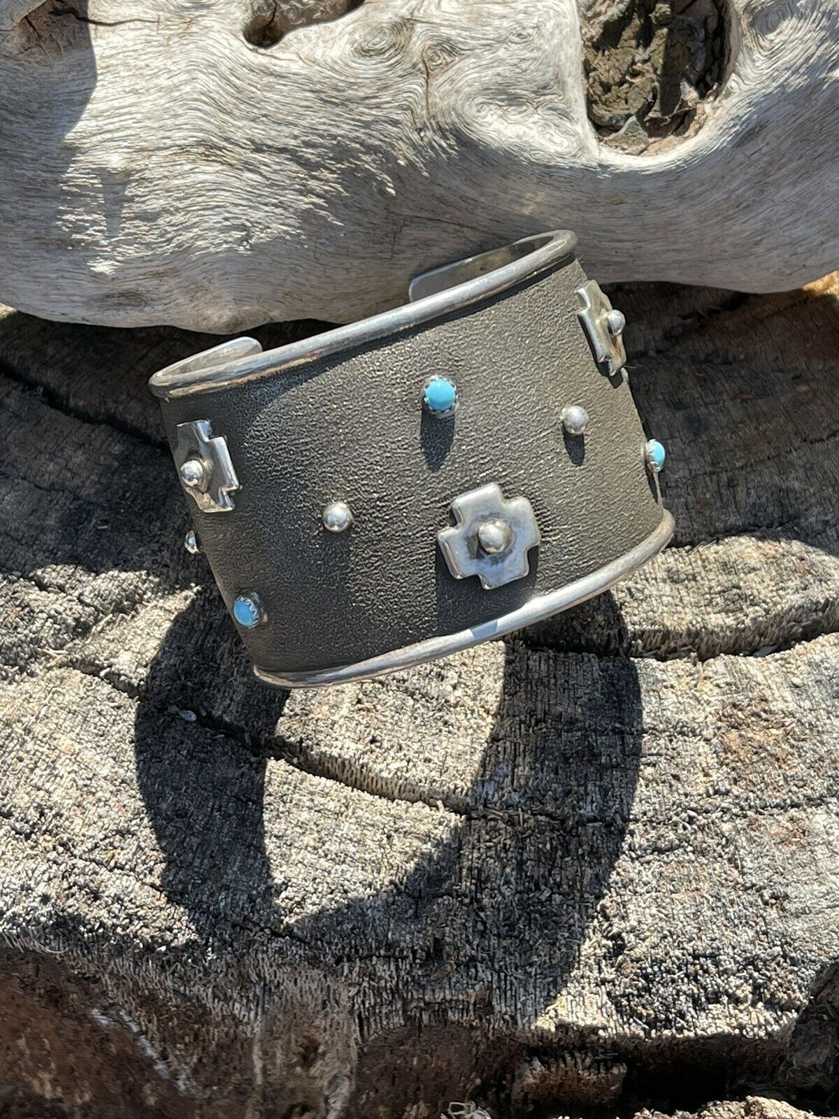 Handcrafted Sterling Silver Cross Bracelet Cuff With Turquoise Accent Stones Signed /