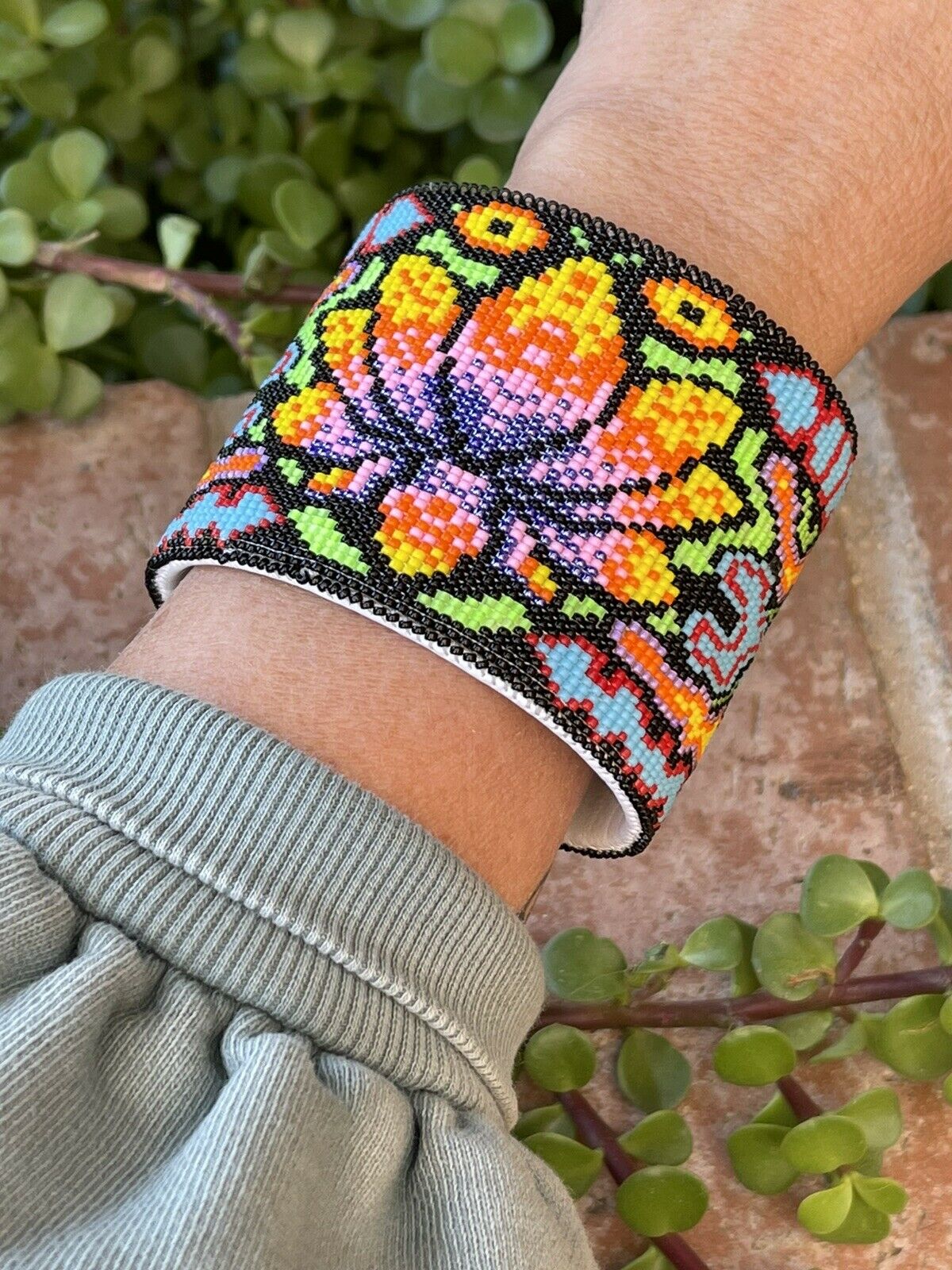 Handcrafted Beaded Flower Lotus Cuff Bracelet