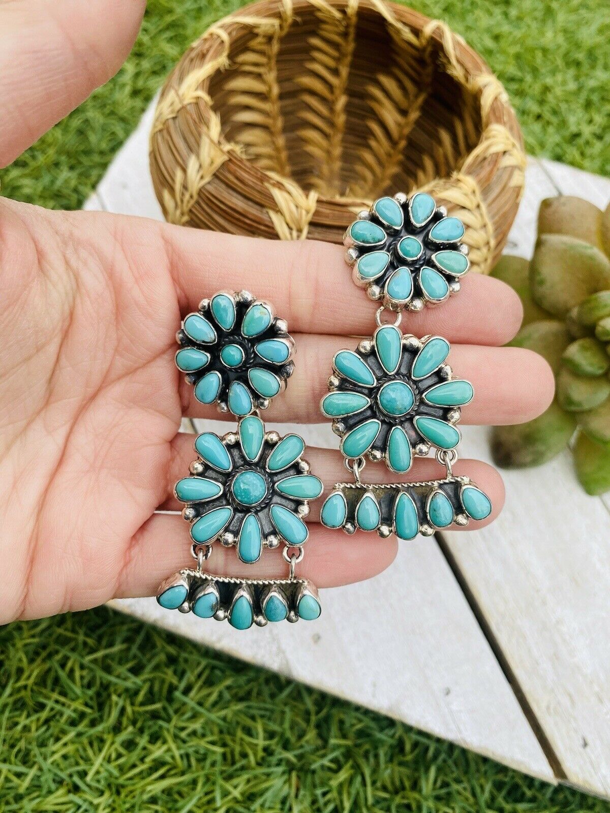 Handcrafted Turquoise and Sterling Silver Cluster Dangle Post Earrings