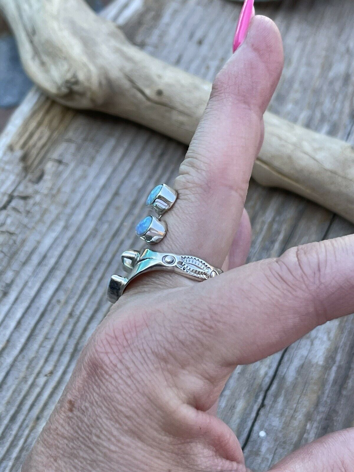 Handcrafted Sterling Silver Bright Blue Opal Adjustable 4 Stone Ring