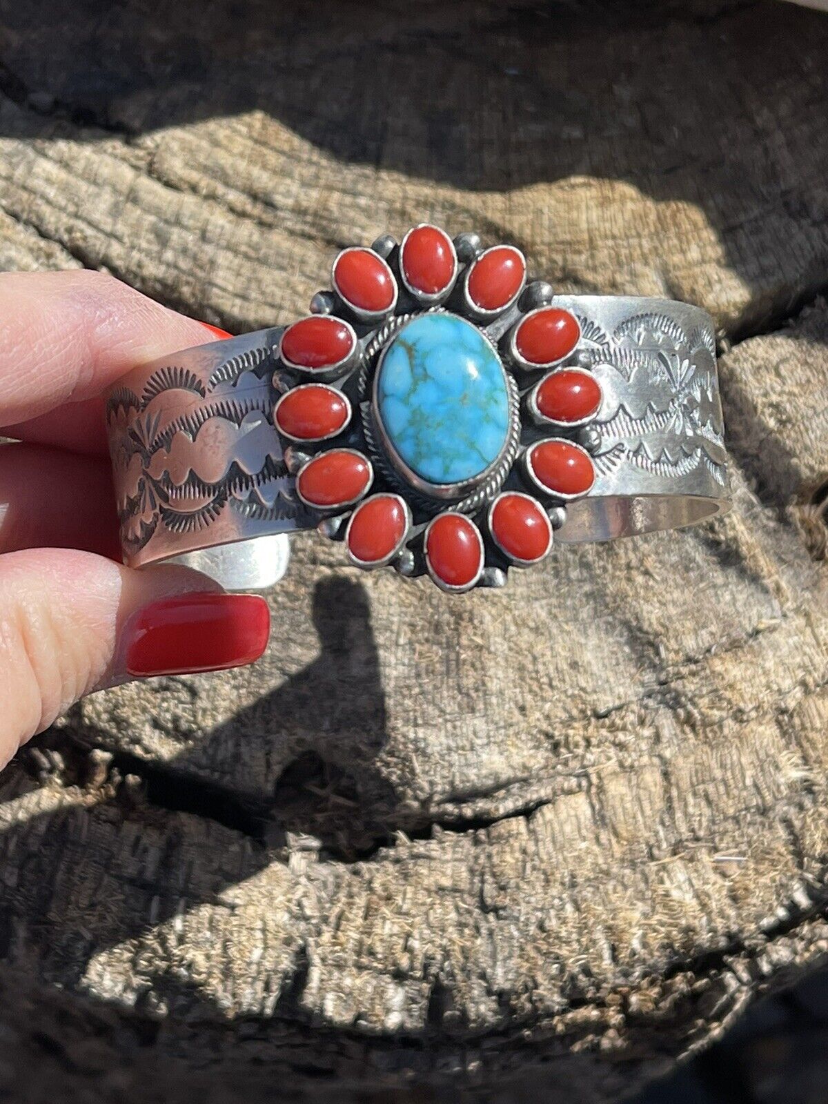 Navajo Sterling Kingman Web Turquoise & Red Coral Taos Bracelet Cuff by Bobby Johnson /