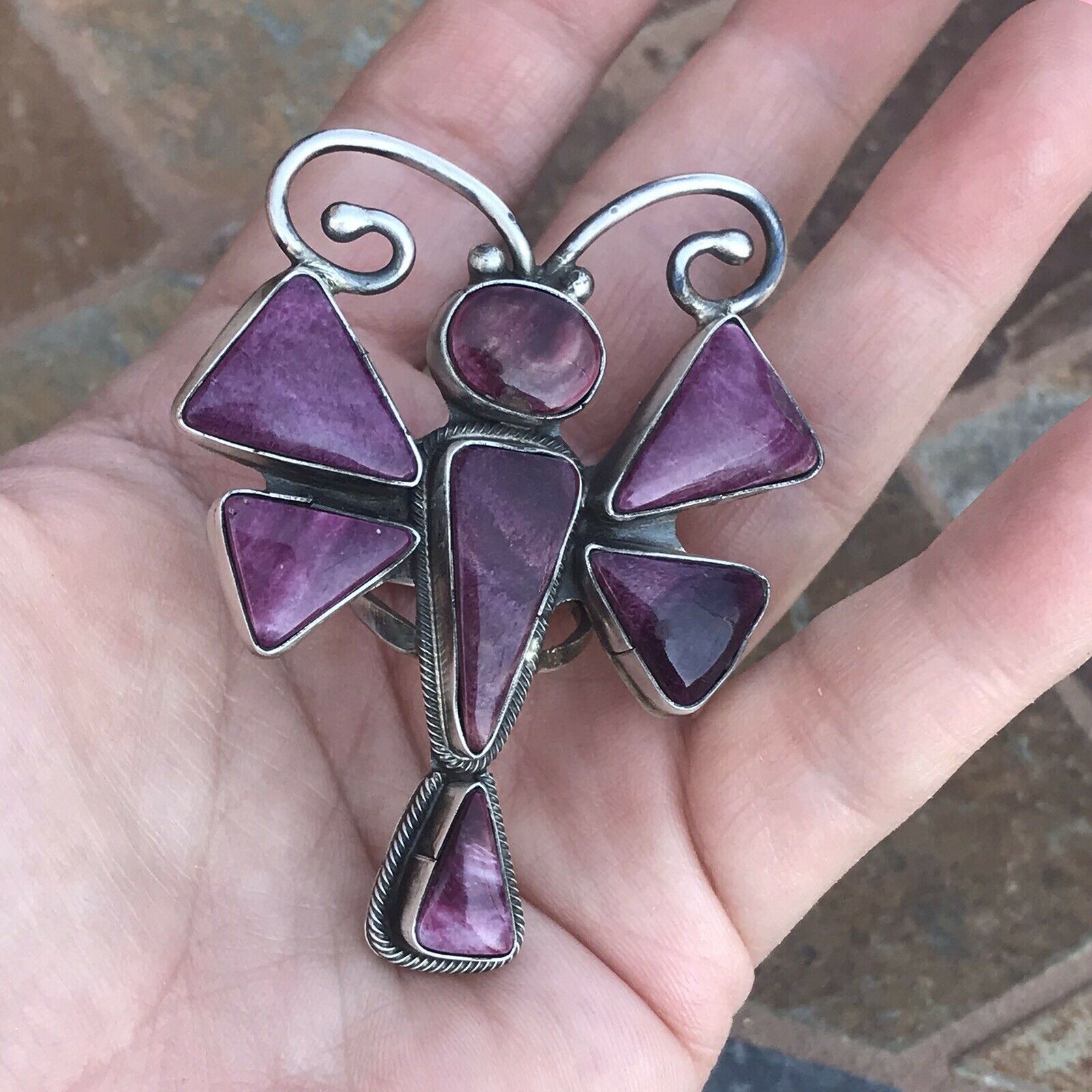 Handcrafted Sterling Silver Purple Spiny Oyster Dragonfly Ring Sz 6.5