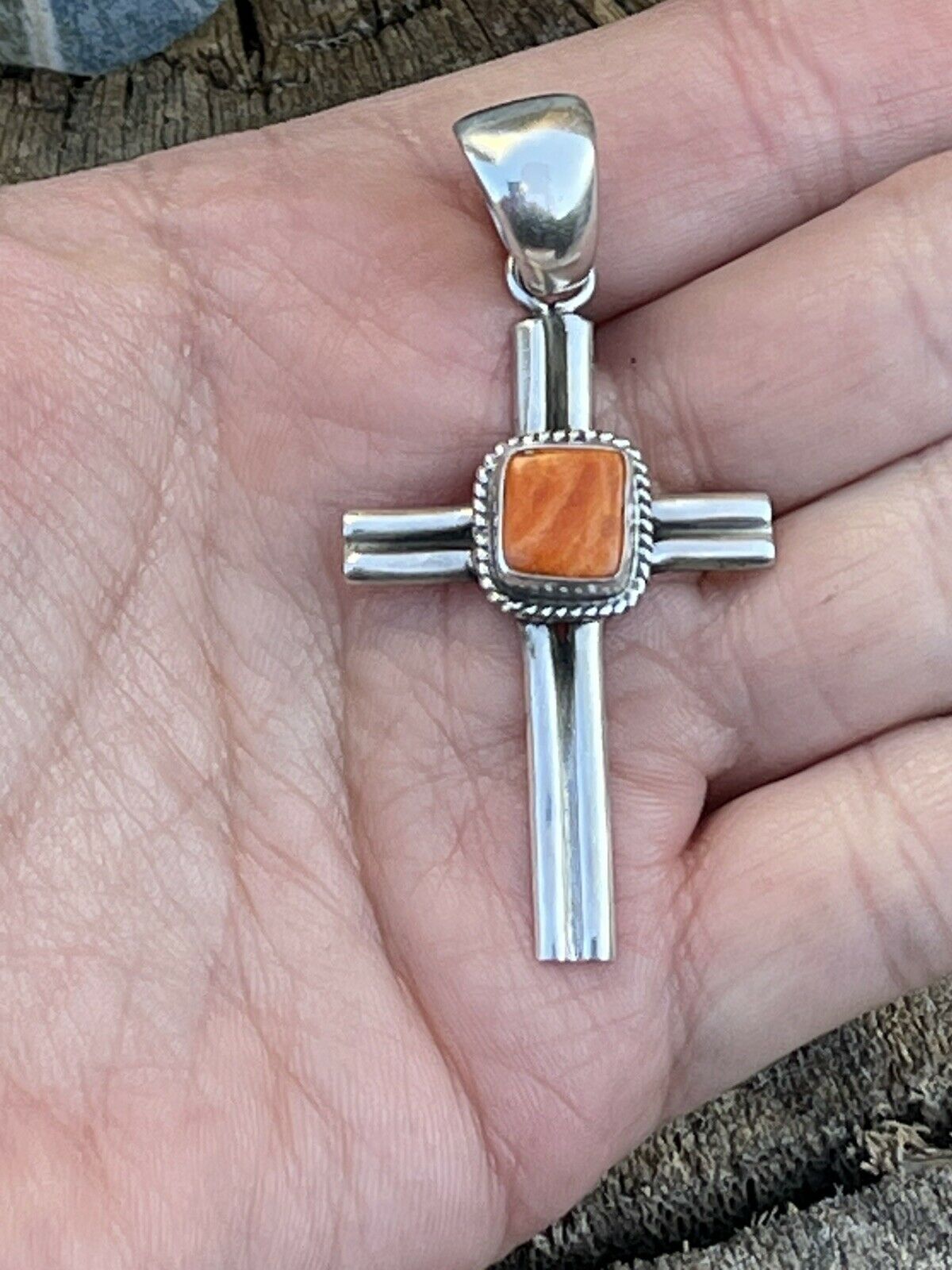 Handcrafted Sterling Silver & Orange Spiny Shell Cross Pendant Signed
