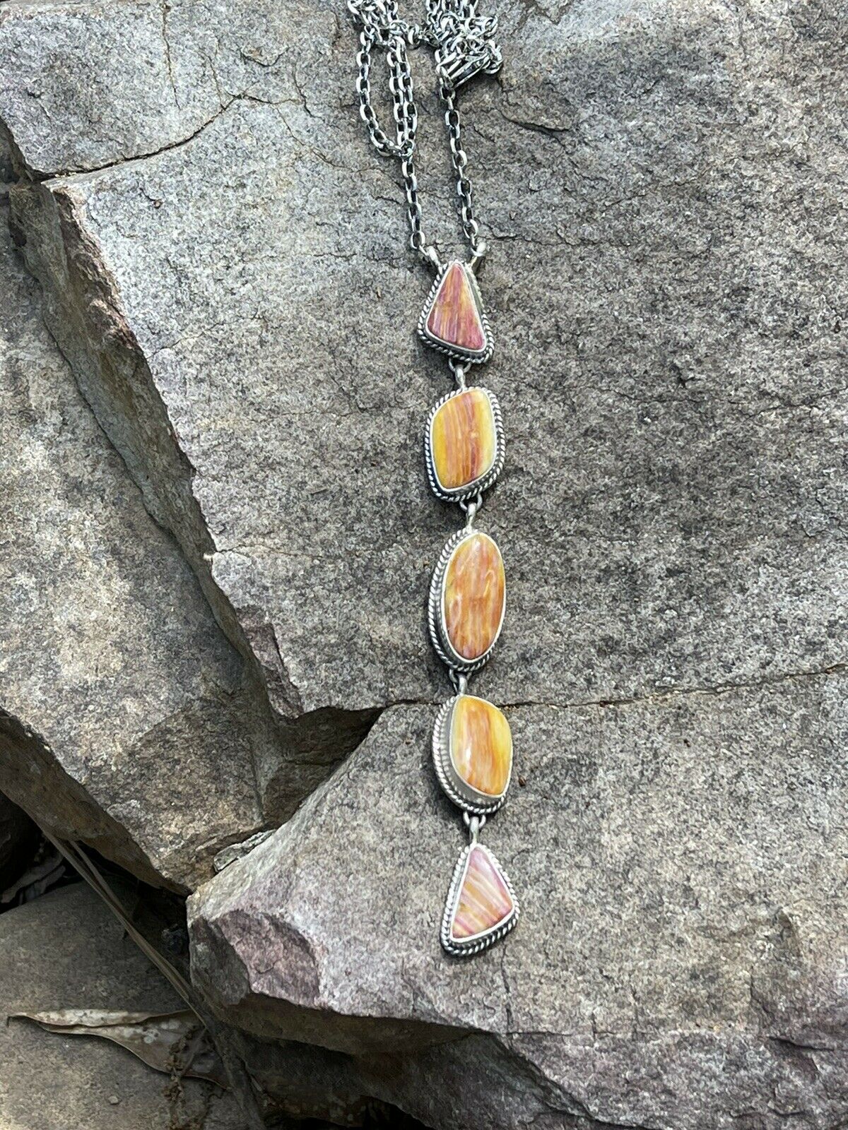 Handcrafted Spiny and Sterling 5 Stone Multi Shape Lariat Necklace