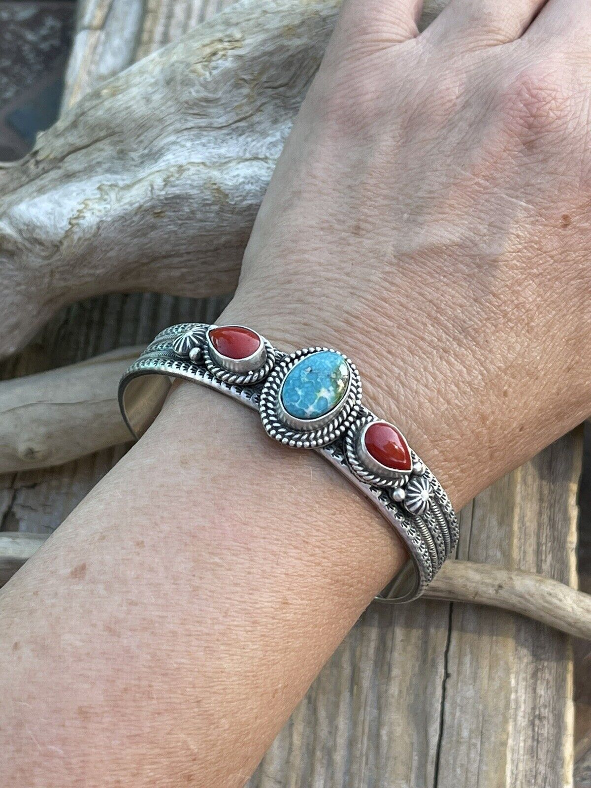 Navajo Sterling Silver Red Coral & Turquoise Bracelet Signed M & R Calladitto /