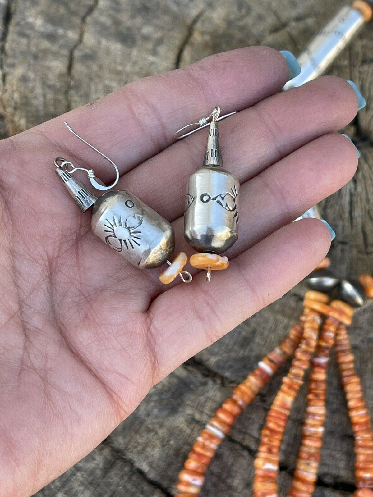 Handcrafted Sterling Silver Handmade Orange Spiny Jacla Necklace & Earring Set