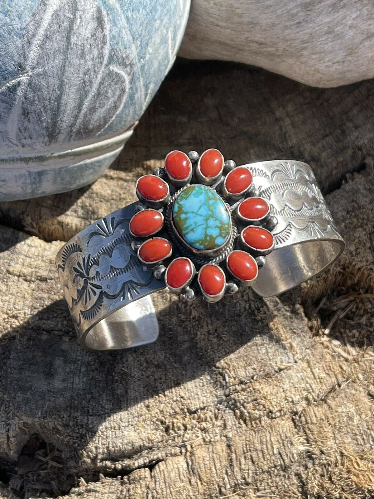 Navajo Sterling Kingman Web Turquoise & Red Coral Taos Bracelet Cuff by Bobby Johnson /