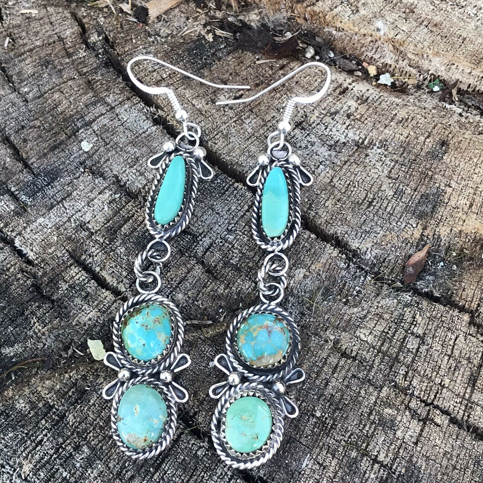Handcrafted Mixed Turquoise & Sterling Silver Dangles Signed
