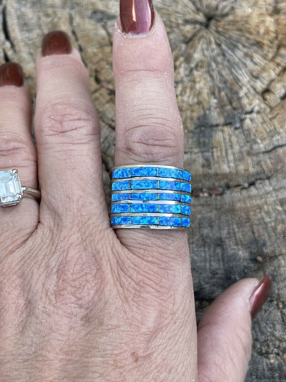 Handcrafted Sterling Silver Blue Opal 5 Row Inlay Ring