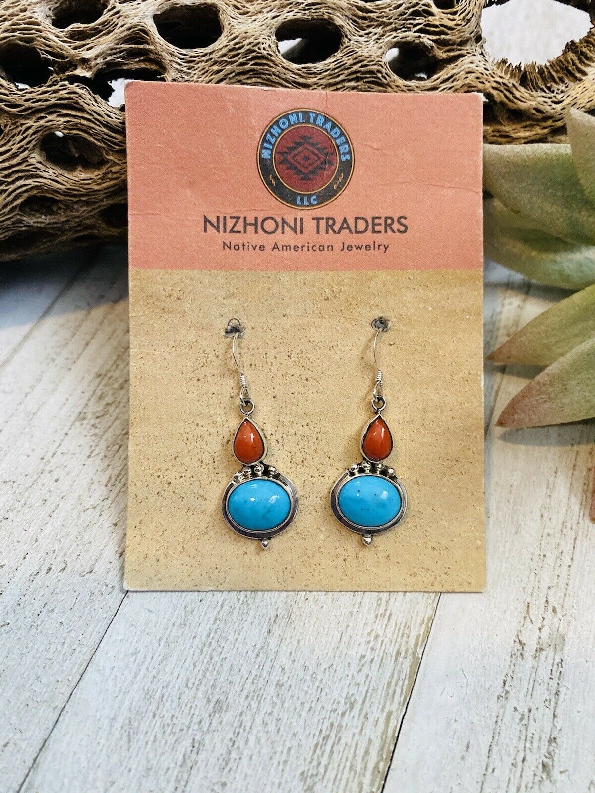 Handcrafted Turquoise, Coral & Sterling Silver Dangle Earrings