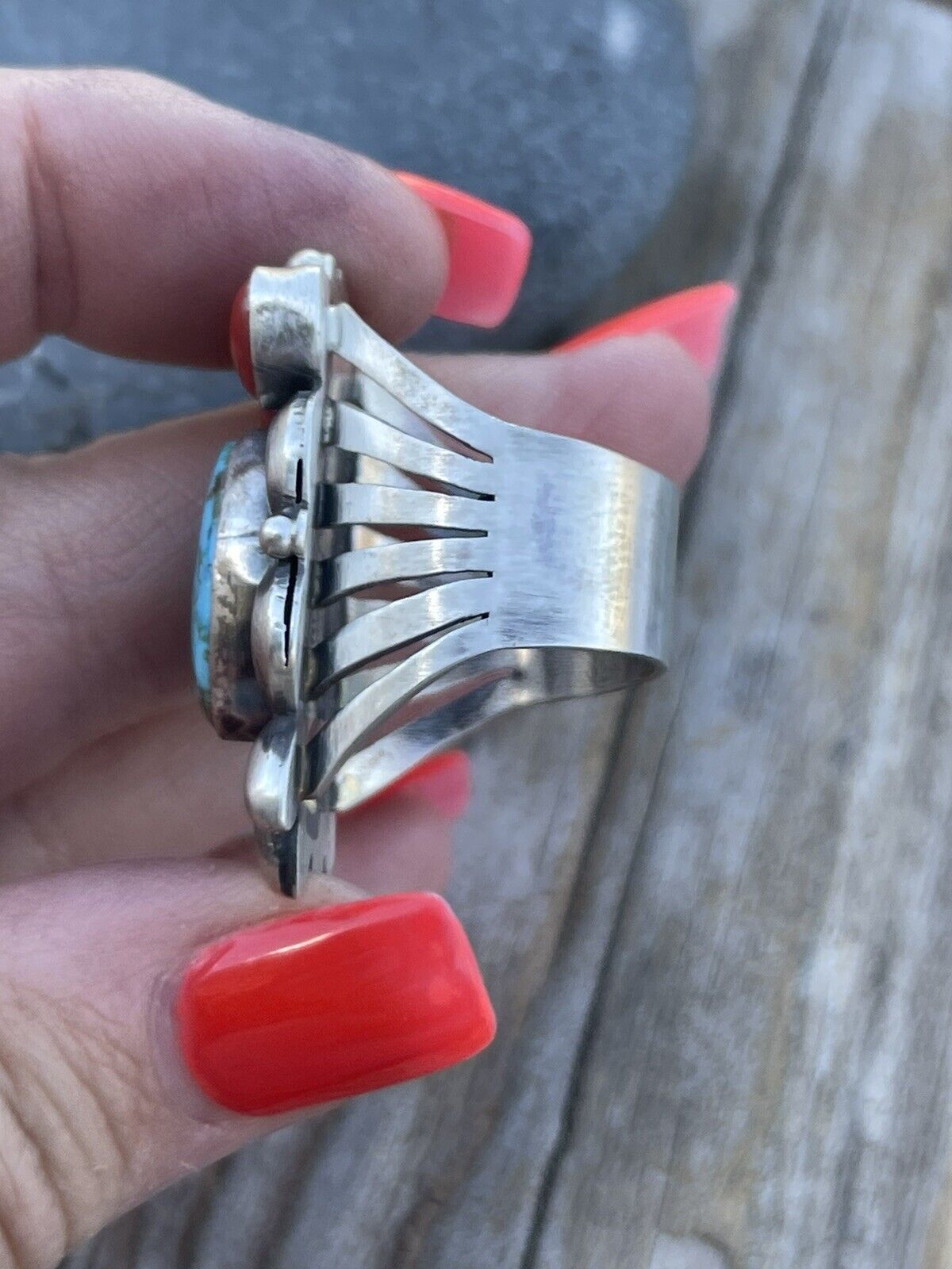 Navajo Sterling Kingman Web Turquoise & Red Coral Taos Collection Ring by Danny Clark, Sz 7.5