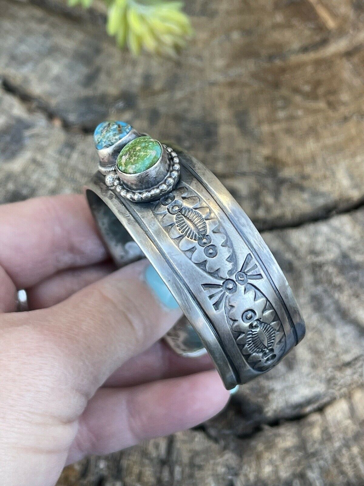 Handcrafted Sterling Silver Sonoran Gold & Golden Hills Turquoise 2 Stone Cuff Bracelet /