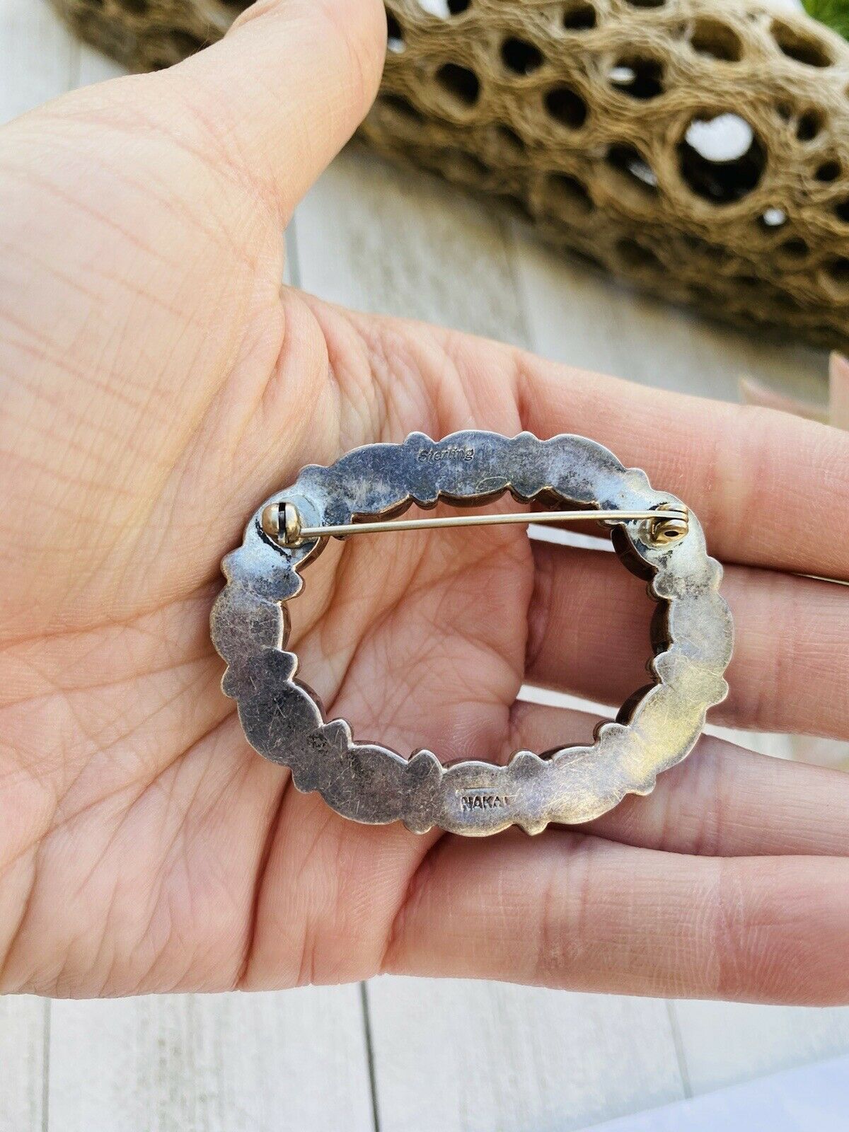 Handcrafted Vintage Garnet Sterling Silver Brooch Signed