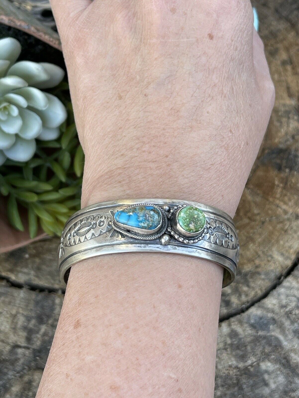 Handcrafted Sterling Silver Sonoran Gold & Golden Hills Turquoise 2 Stone Cuff Bracelet /