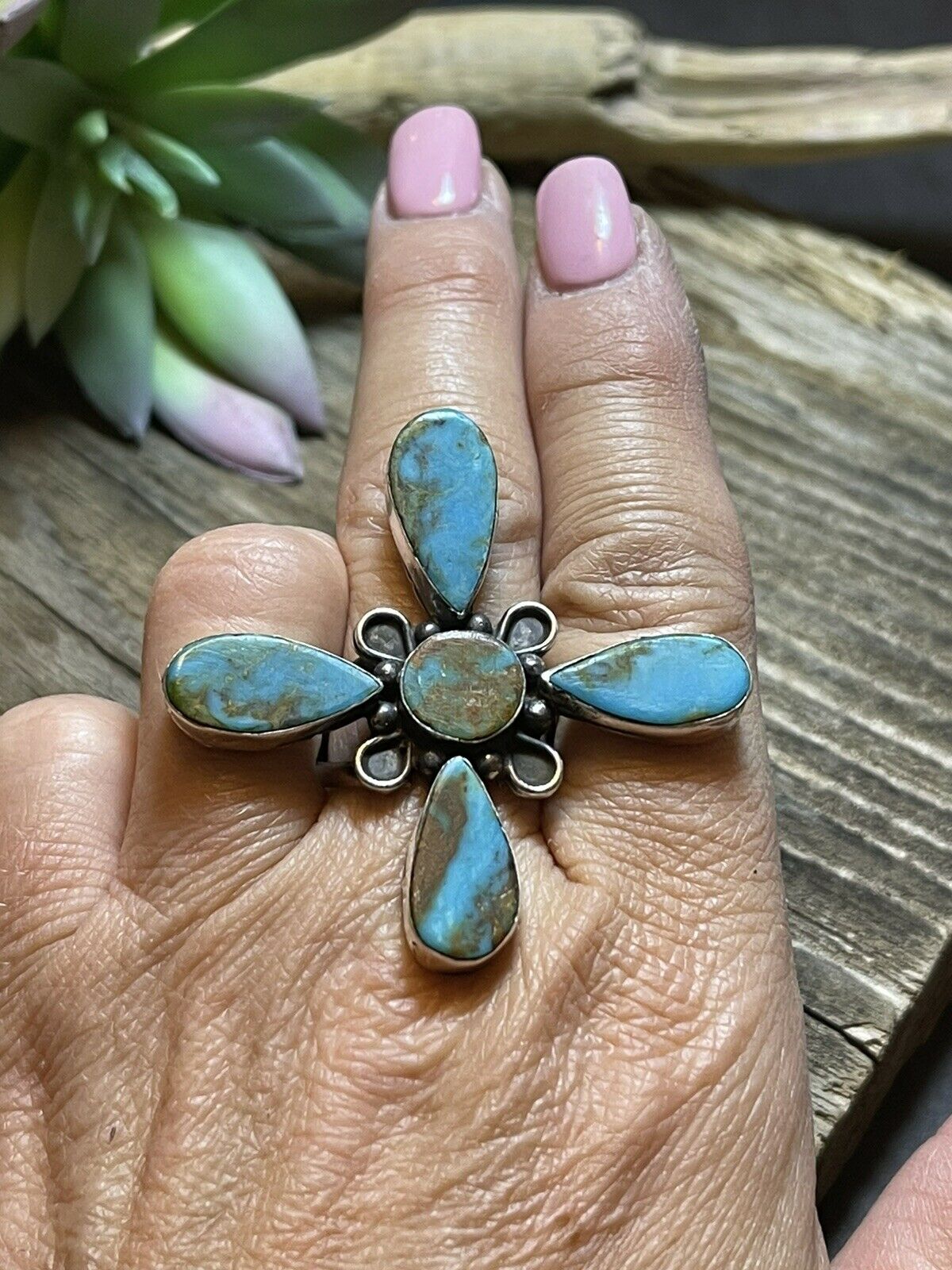 Handcrafted Sterling Silver & Royston Turquoise Scroll Petal Ring Size 7 Signed