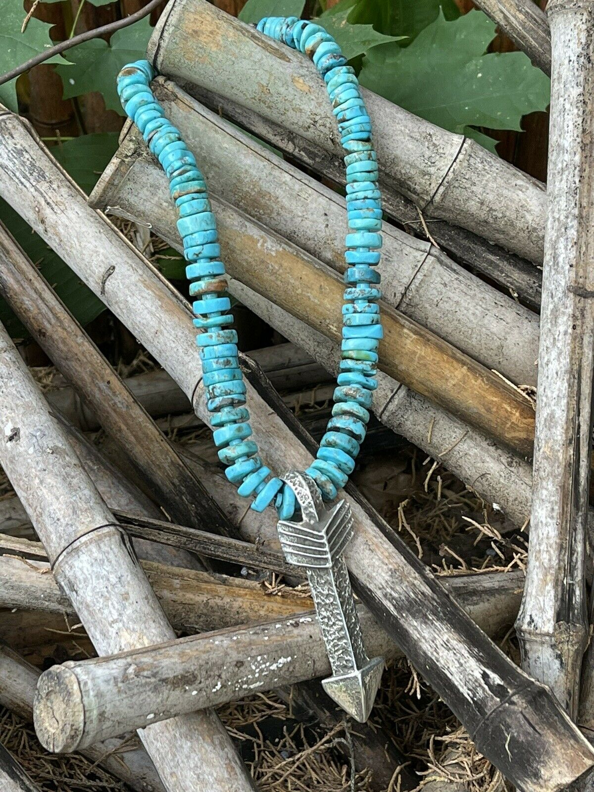 Natural Turquoise & Sterling Silver Tufa Cast Arrow Necklace