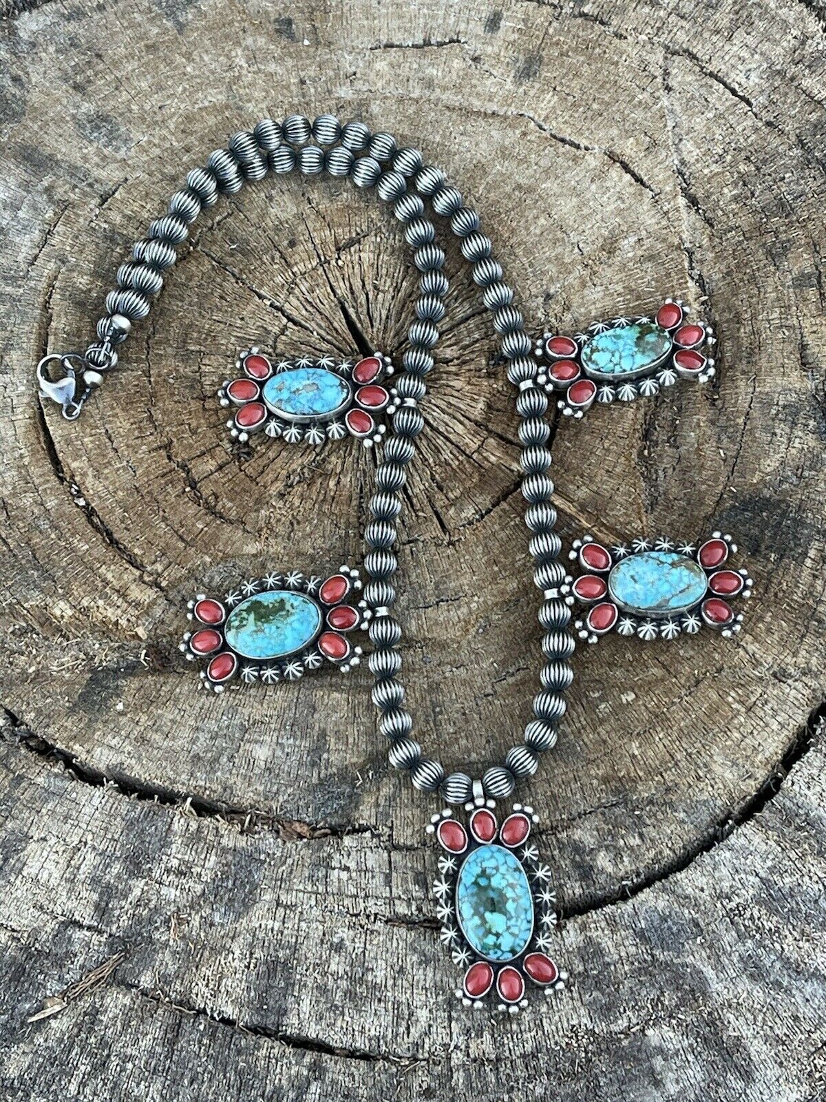 Handcrafted Sterling Kingman Turquoise Natural Red Coral Necklace Taos Collection