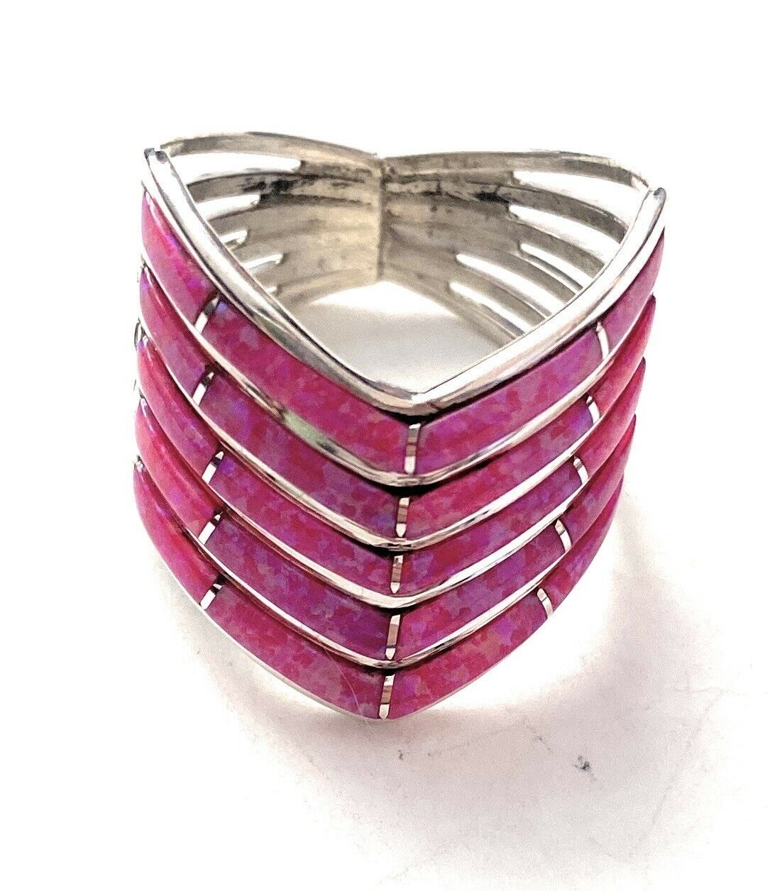 Handcrafted Sterling Silver & Pink Opal Inlay 5 Row Stacker Ring