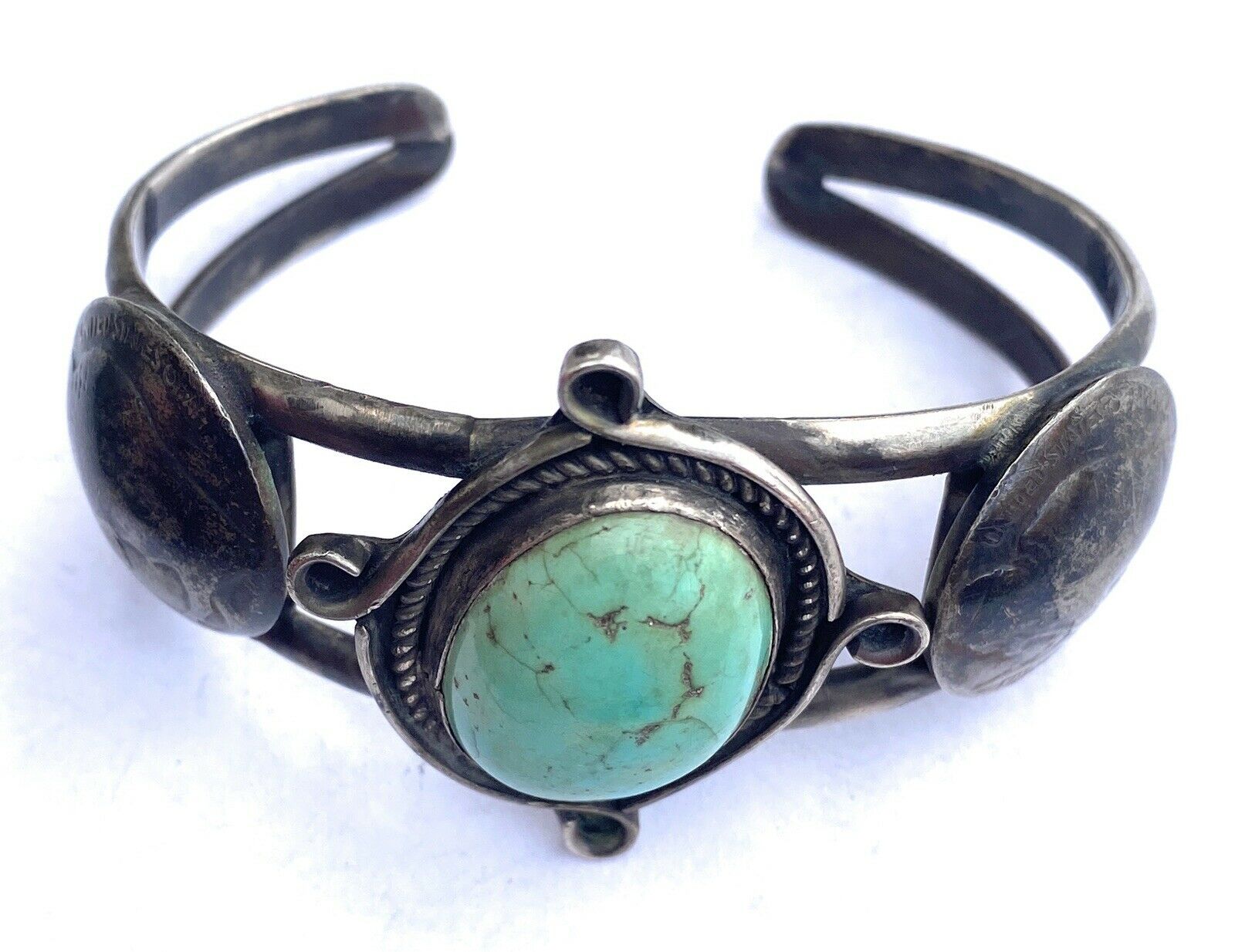 Handcrafted Vintage Turquoise & Sterling Silver Liberty Coin Cuff Bracelet